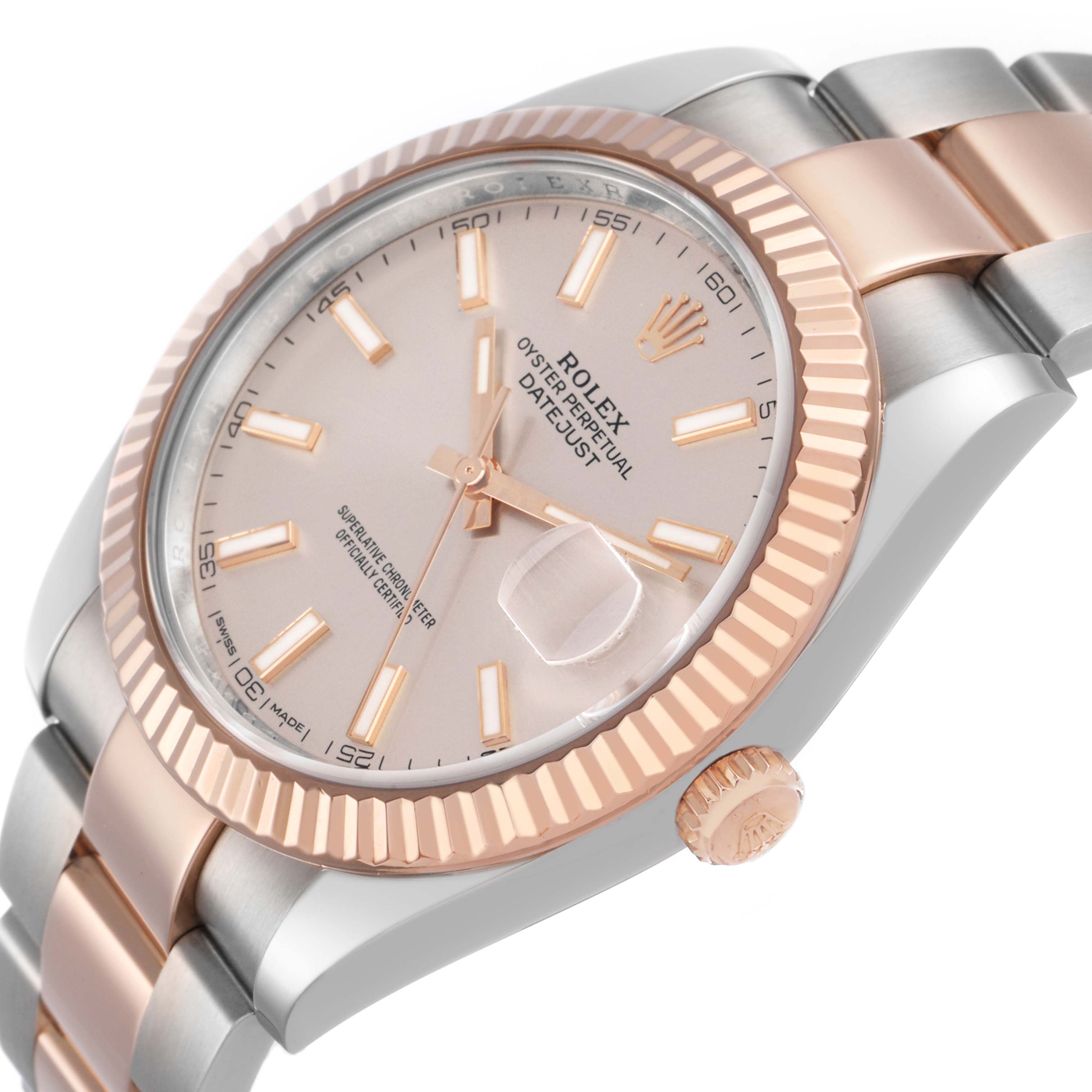The Rolex Datejust 126331 Men's Steel and Gold (two tone) Pink Dial is shown from a top-down angle, highlighting the bezel, dial, crown, and bracelet.