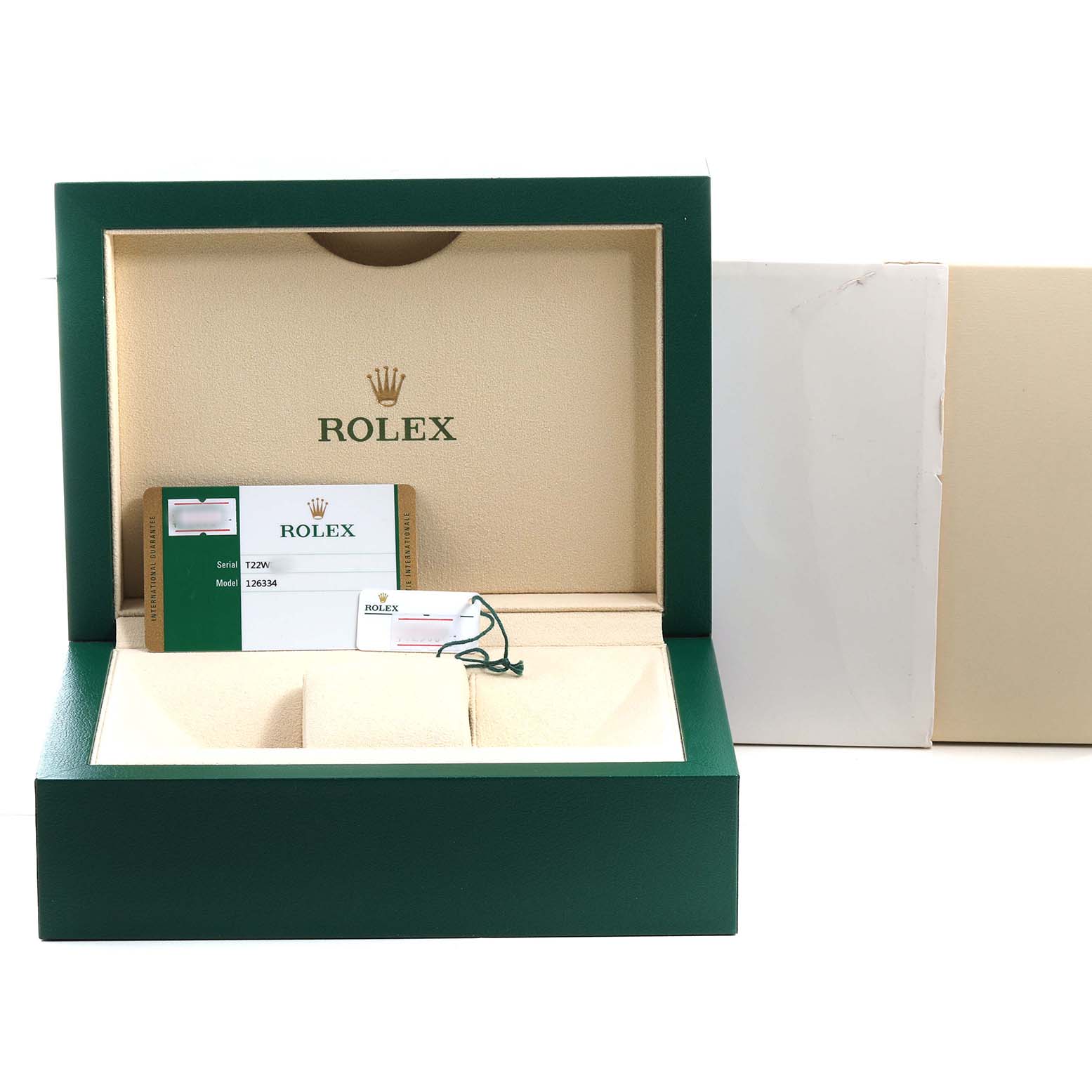 The image shows the open green box for a Rolex Datejust 41 126334 Men's Stainless Steel Blue Dial, including a warranty card and a hang tag.