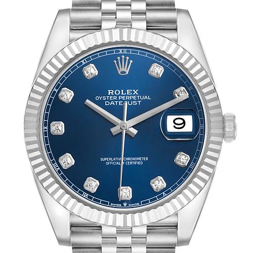The Rolex Datejust 41 126334 Men's Stainless Steel Blue Dial watch is shown from the front, highlighting the blue dial, date window, and diamond hour markers.
