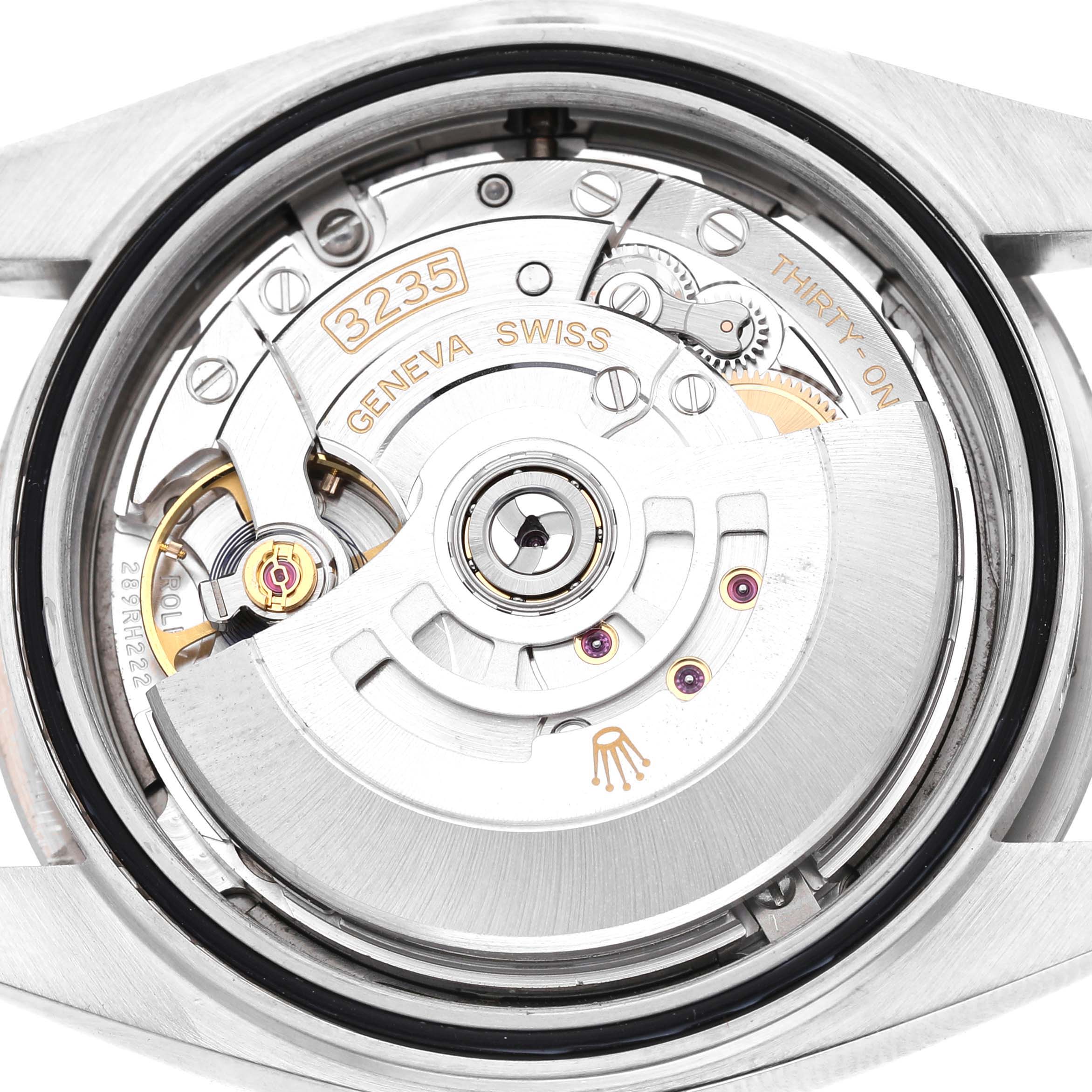 This image shows the Rolex Datejust 41 126334 Men's Stainless Steel Blue Dial's movement, viewed from the back, highlighting its intricate mechanism.