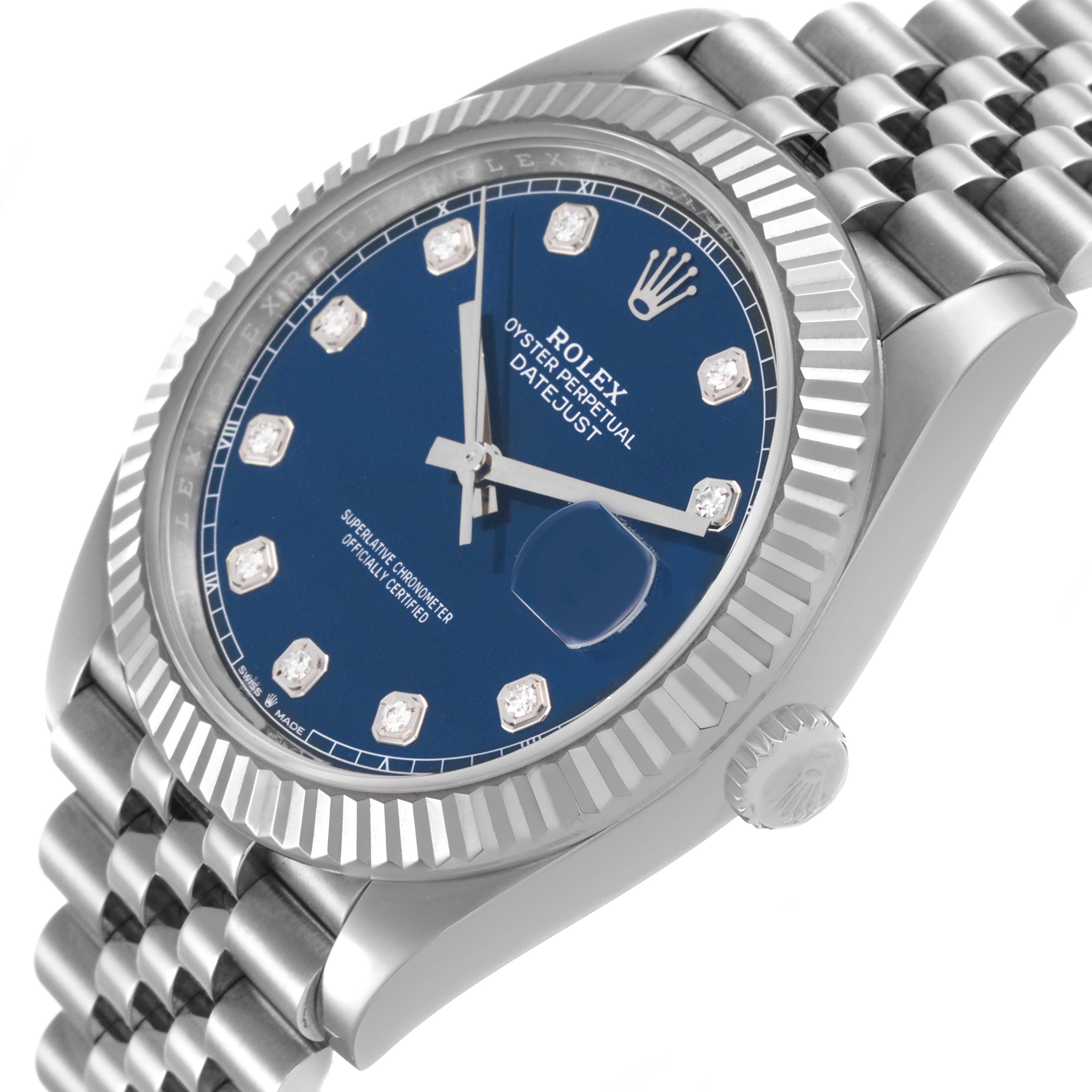 The Rolex Datejust 41 126334 Men's Stainless Steel Blue Dial is shown at an oblique angle, highlighting the blue dial, fluted bezel, and jubilee bracelet.