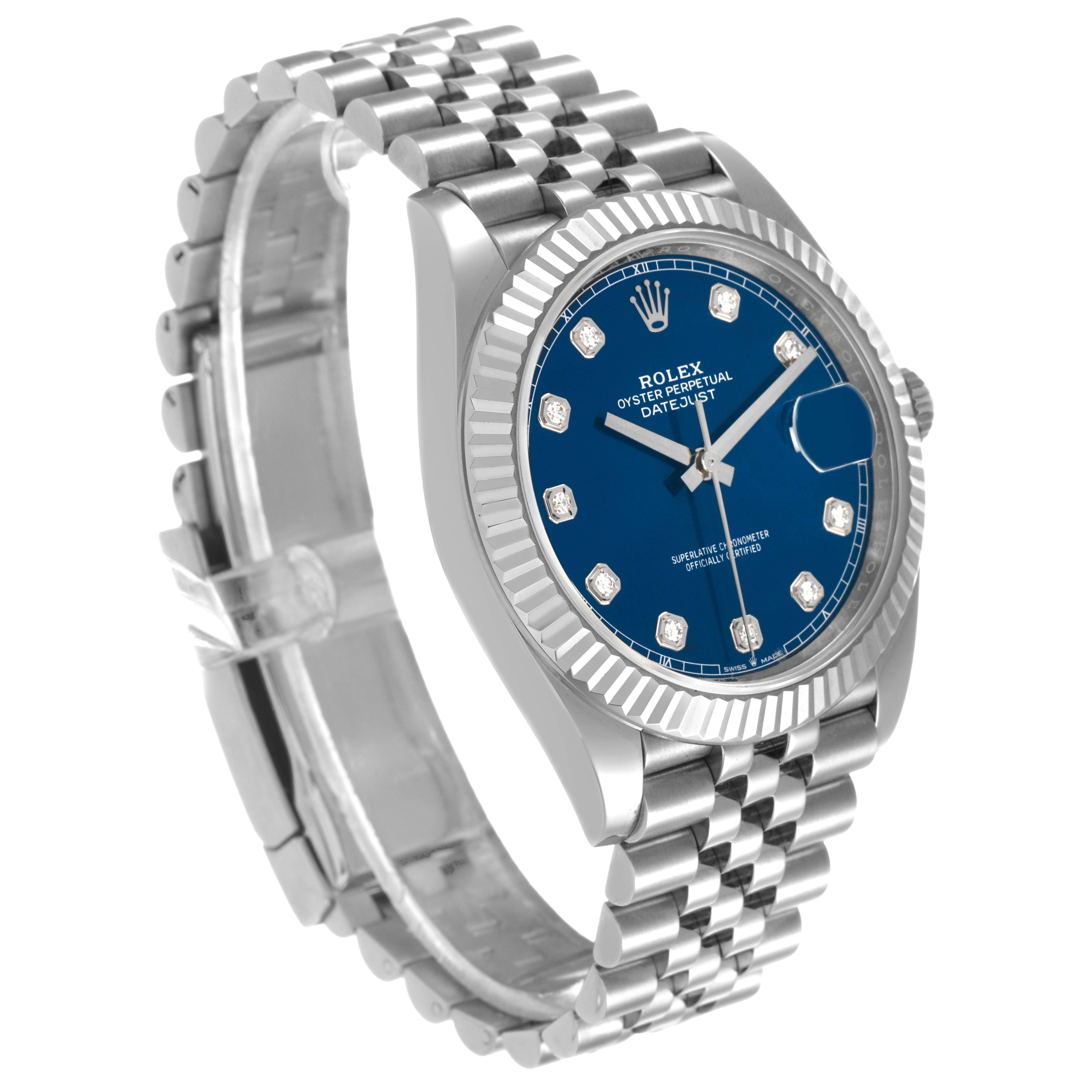The Rolex Datejust 41 126334 Men's Stainless Steel Blue Dial is shown at a three-quarter angle, highlighting the bezel, dial, case, and band.