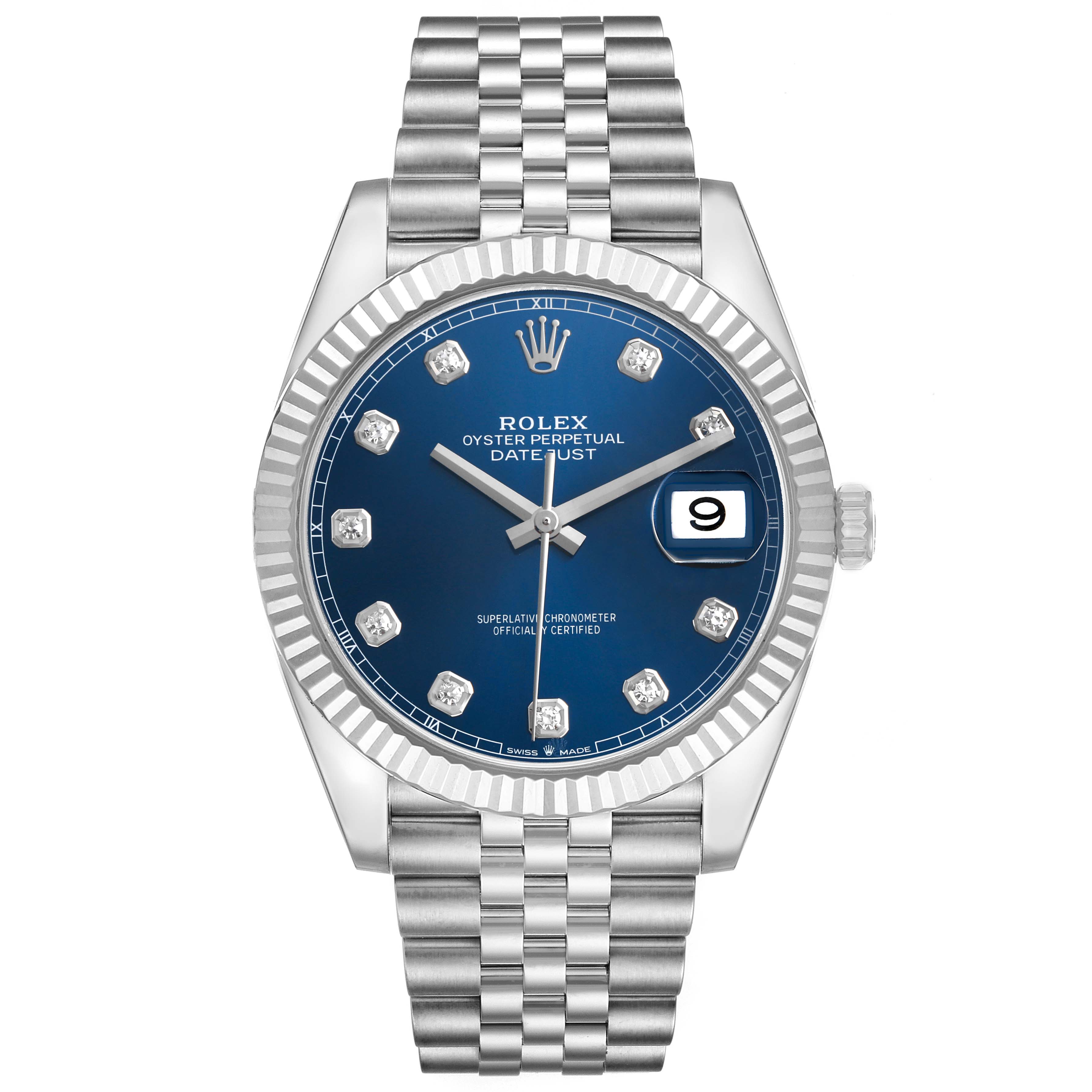 The Rolex Datejust 41 126334 Men's Stainless Steel Blue Dial is shown from the front, displaying its blue dial, fluted bezel, and jubilee bracelet.