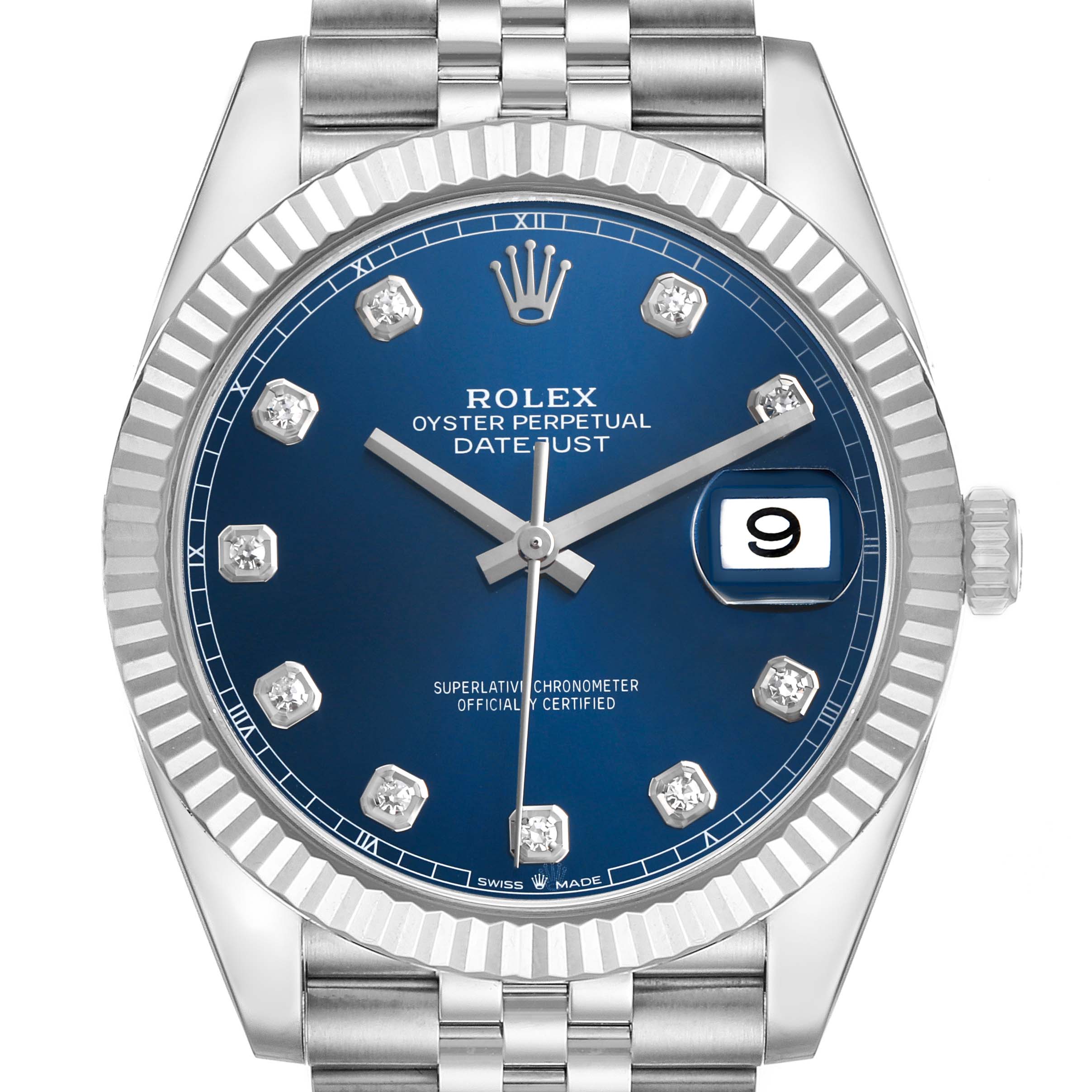 The Rolex Datejust 41 126334 Men's Stainless Steel Blue Dial is shown from the front, highlighting its blue dial, fluted bezel, and Jubilee bracelet.