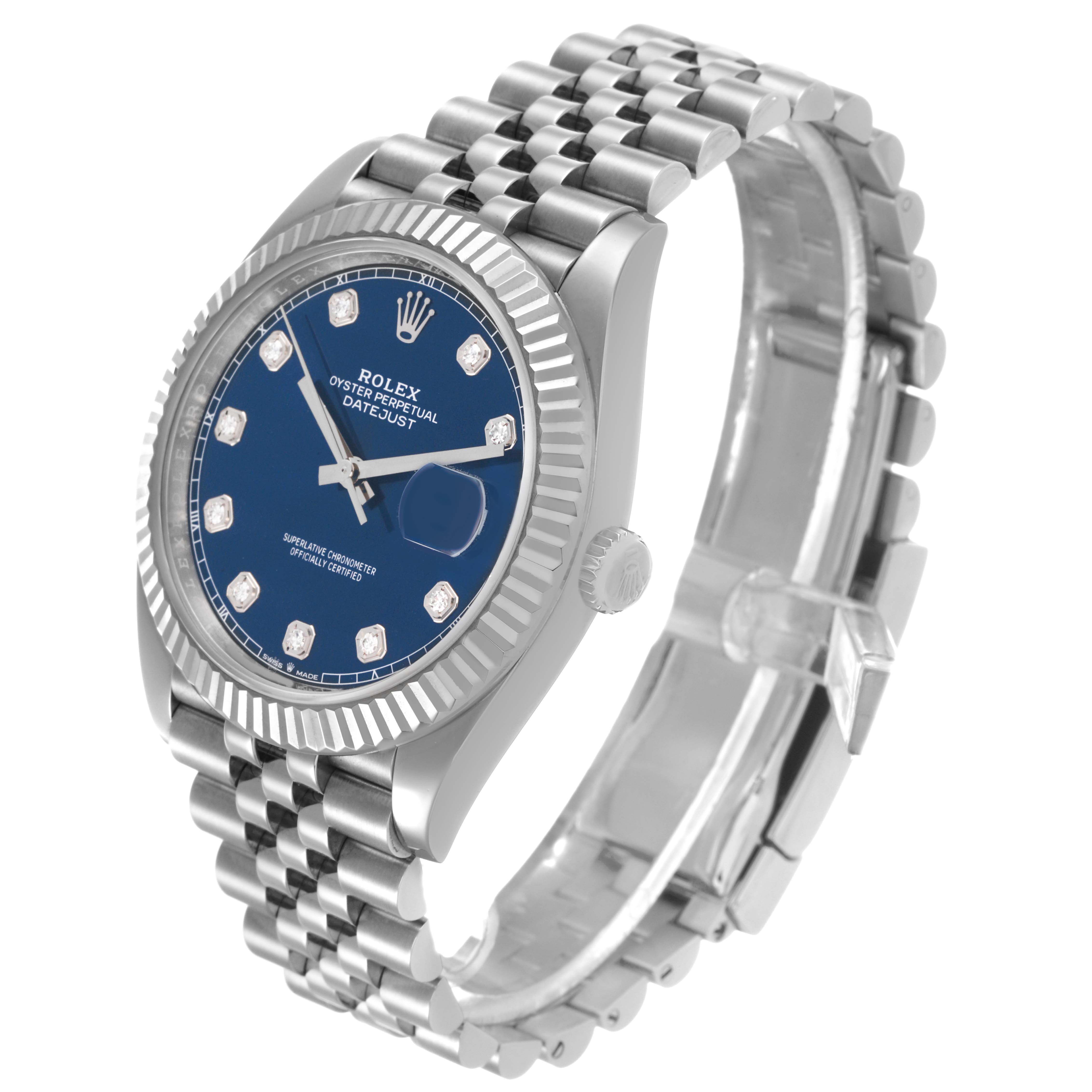 The Rolex Datejust 41 126334 Men's Stainless Steel Blue Dial is shown at a three-quarter angle, highlighting the blue dial, fluted bezel, and Jubilee bracelet.