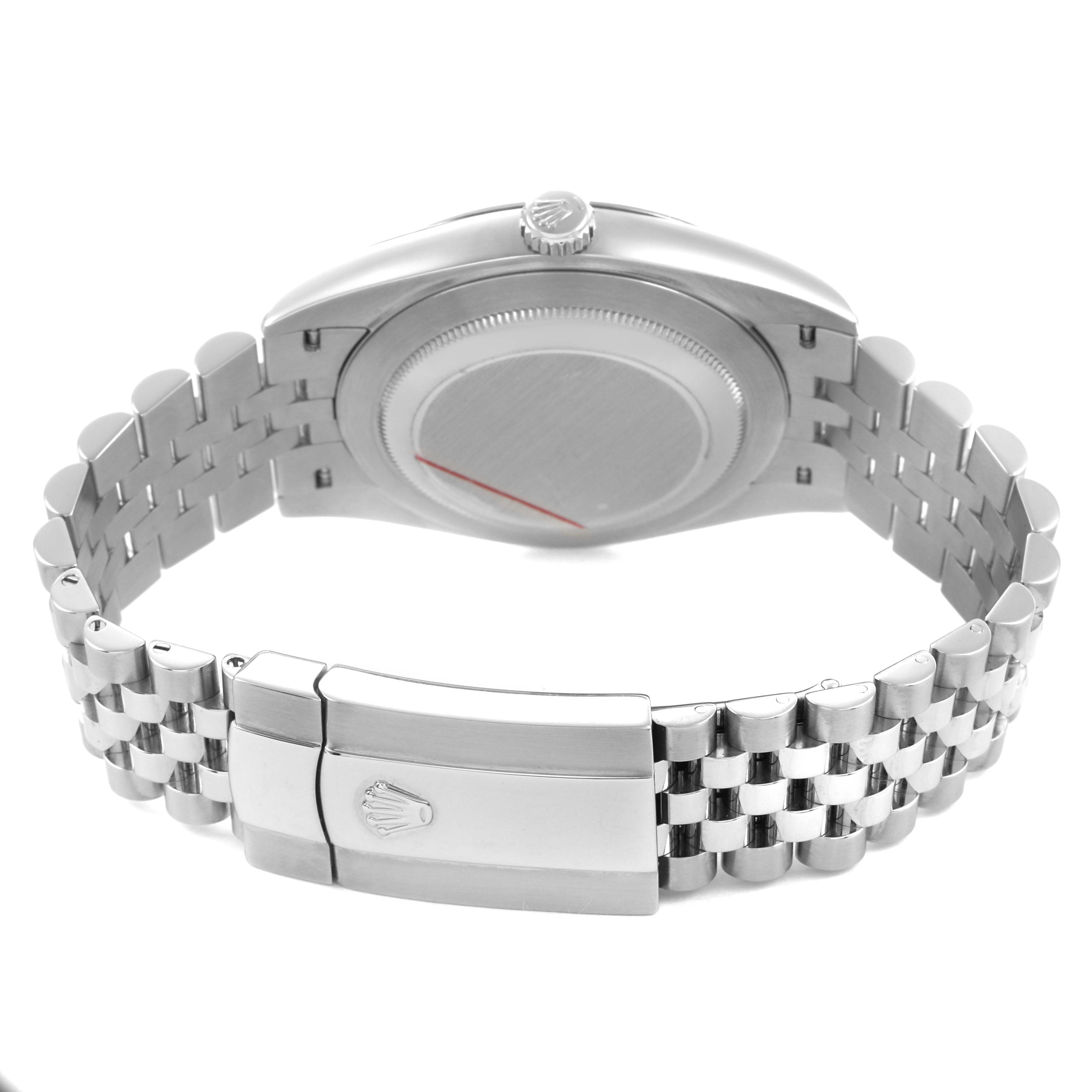 The Rolex Datejust 41 126334 Men's Stainless Steel Blue Dial is shown from the back, highlighting the case back, crown, and Jubilee bracelet clasp.