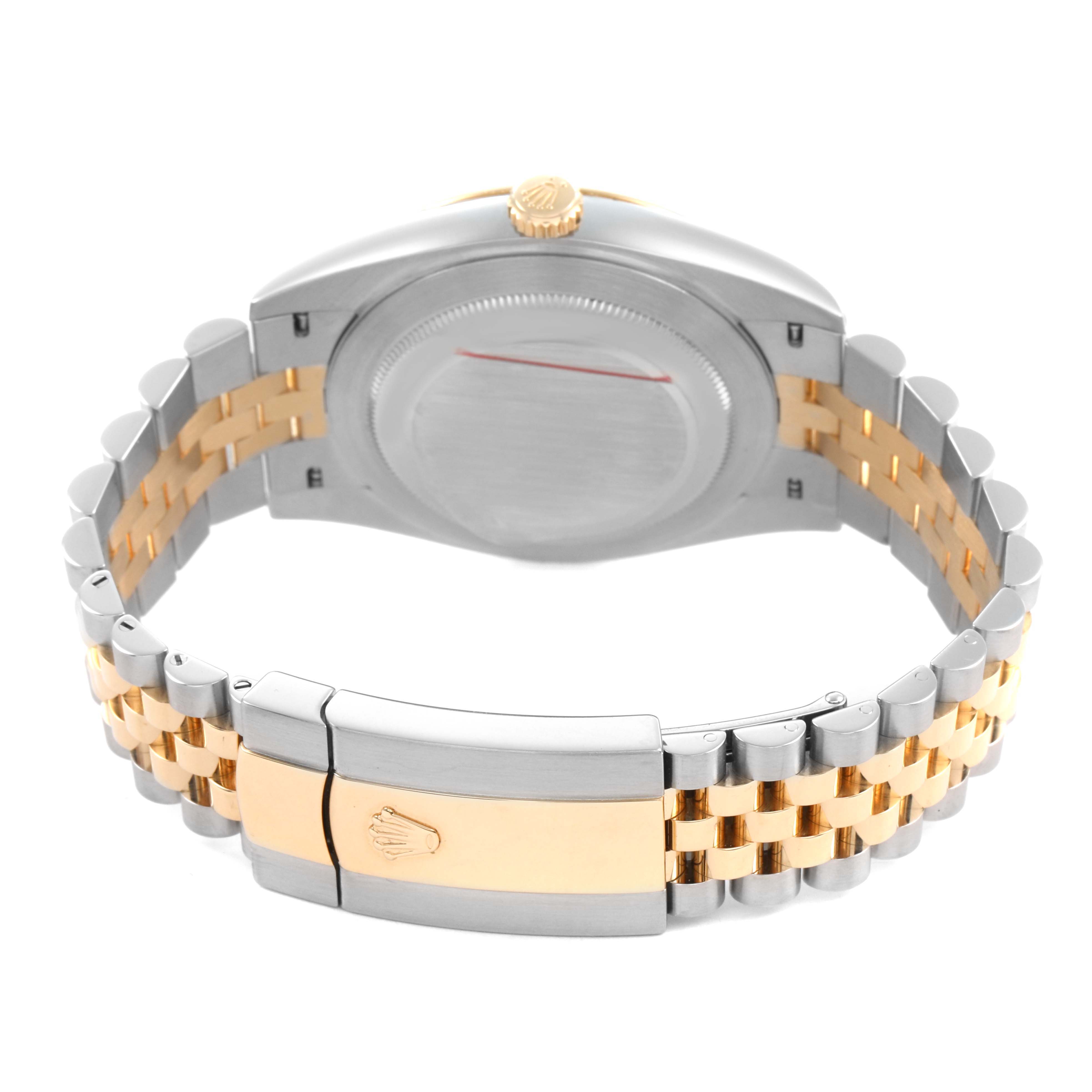 The Rolex Datejust 41 126333 Men's Steel and Gold (two tone) Grey Dial is shown from the back, displaying the case back and two-tone bracelet with the deployant clasp.