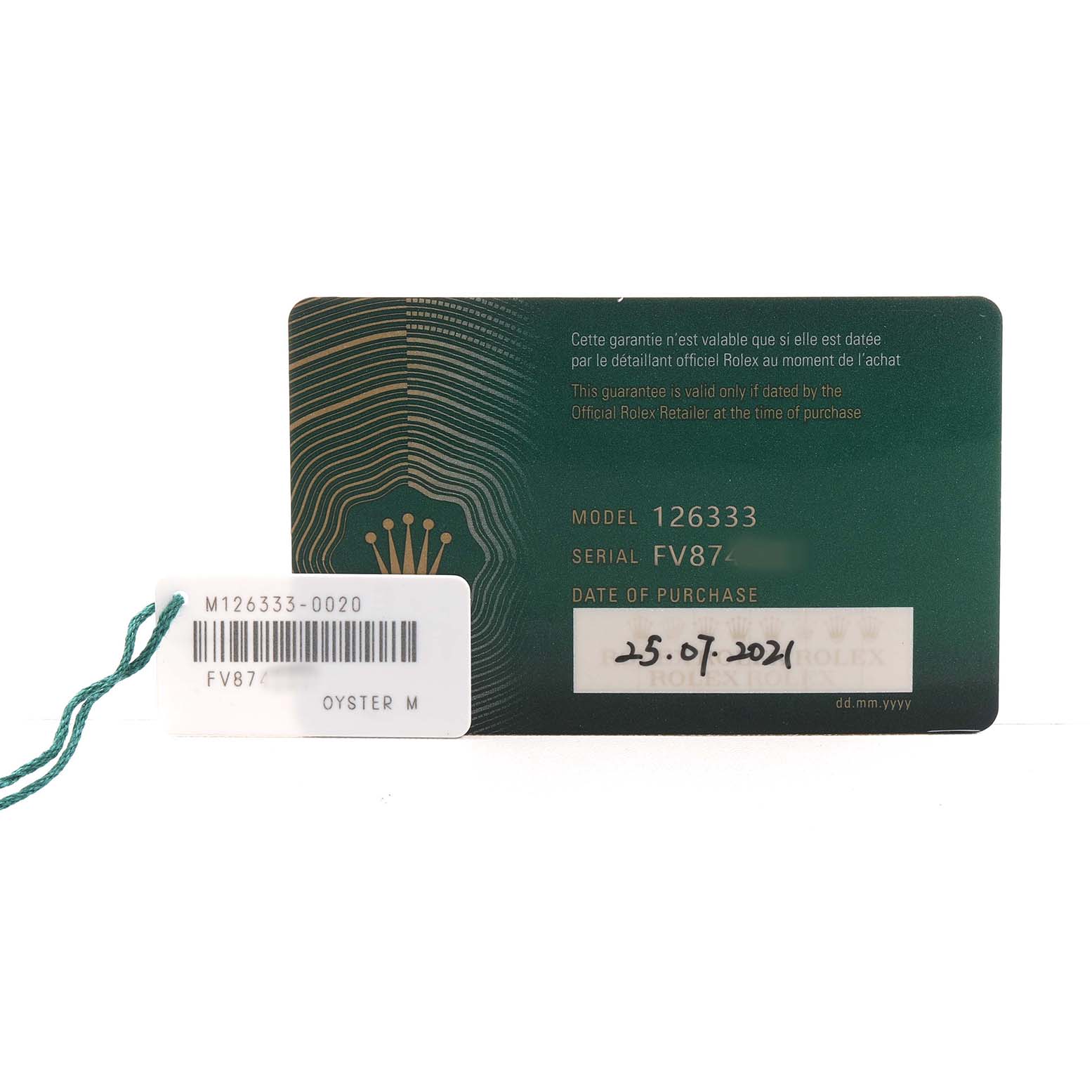 The image shows a warranty card and tag for a Rolex Datejust 41 126333 Men's Steel and Gold (two tone) Grey Dial model, displaying the model number and purchase date.