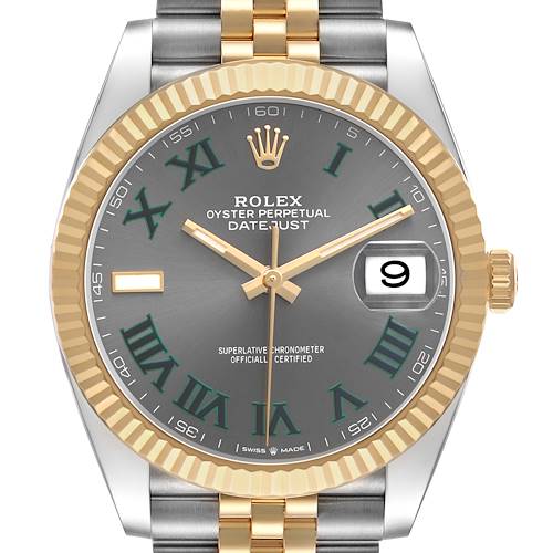 The Rolex Datejust 41 126333 Men's Steel and Gold (two tone) Grey Dial watch is shown from a frontal angle, displaying the dial, fluted bezel, and part of the bracelet.
