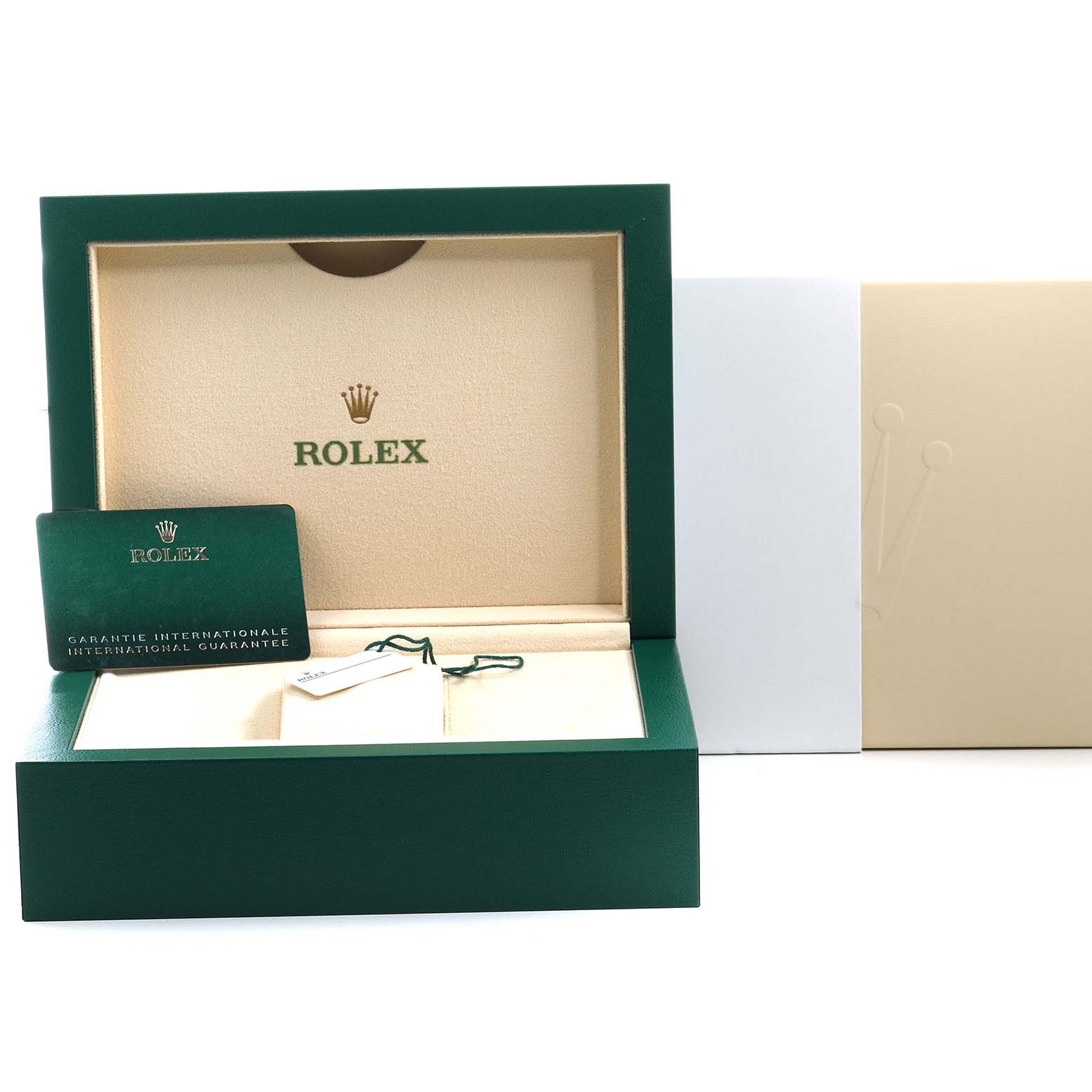 The image shows the open packaging for a Rolex Datejust 41 126333 Men's Steel and Gold (two tone) Grey Dial, featuring a green box, guarantee card, and inner compartments.