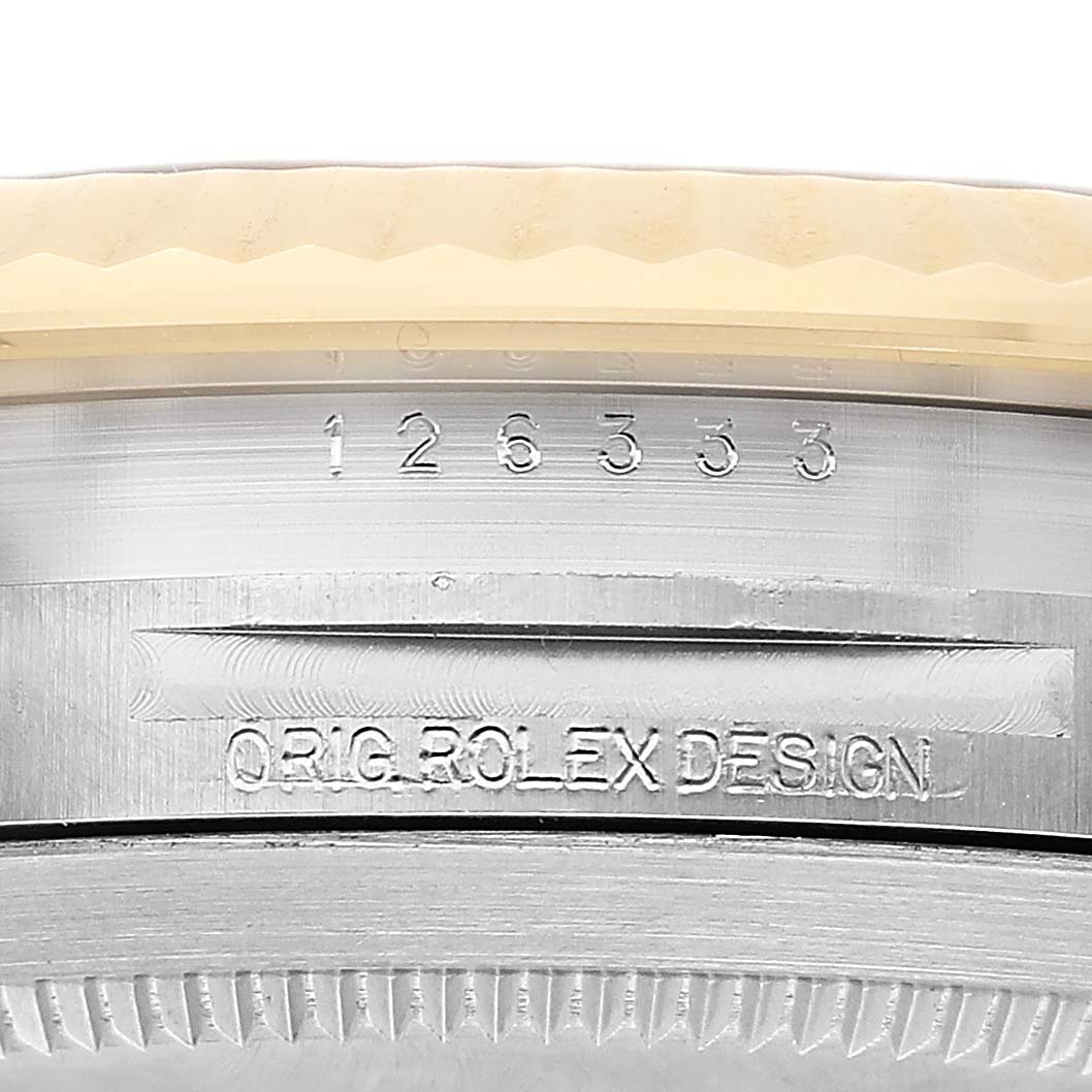 The image shows a close-up of the side of a Rolex Datejust 41 126333 Men's Steel and Gold (two tone) Grey Dial, highlighting the model number and "Orig. Rolex Design" engraving.