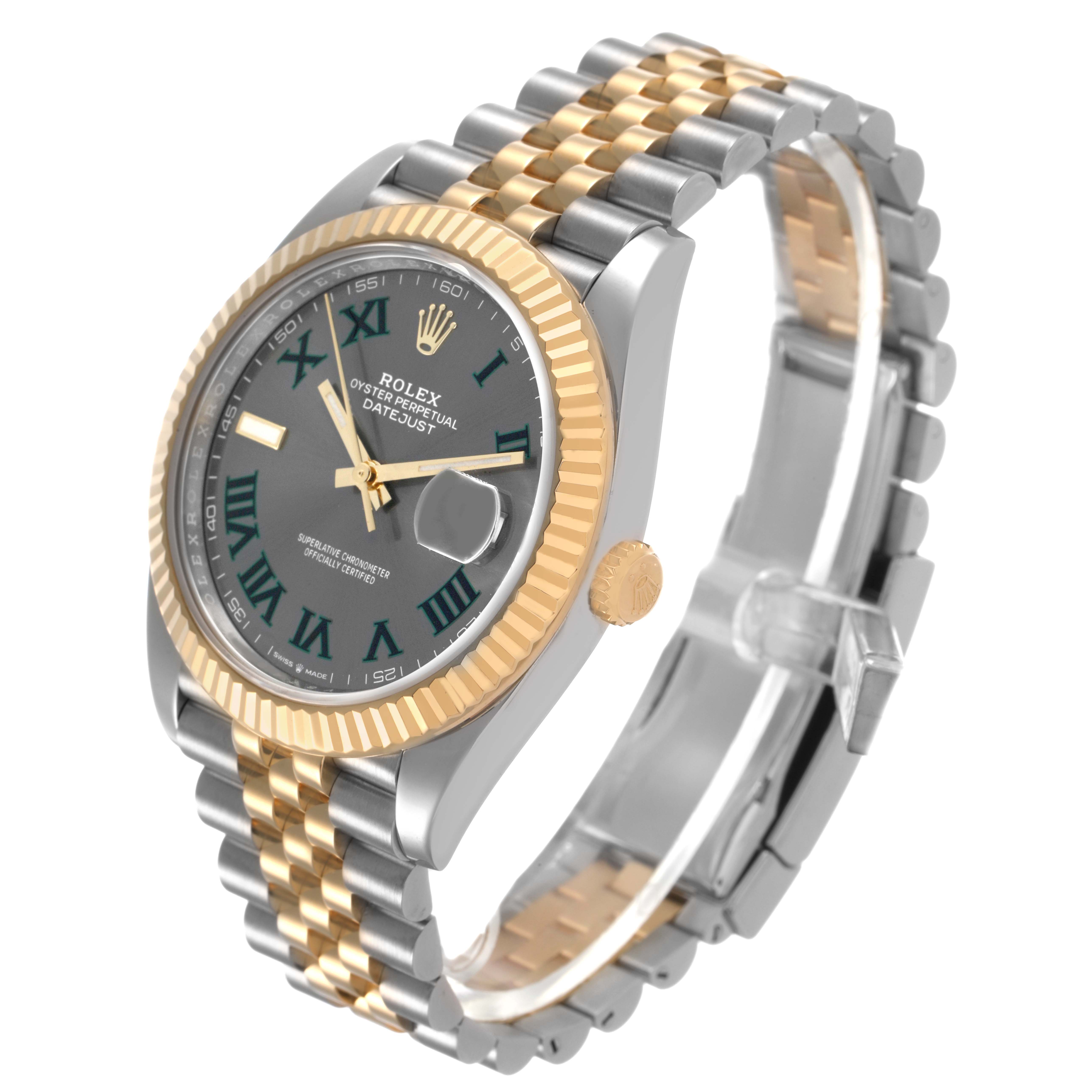 The Rolex Datejust 41 126333 Men's Steel and Gold (two tone) Grey Dial is shown at an angle displaying the dial, fluted bezel, crown, and Jubilee bracelet.