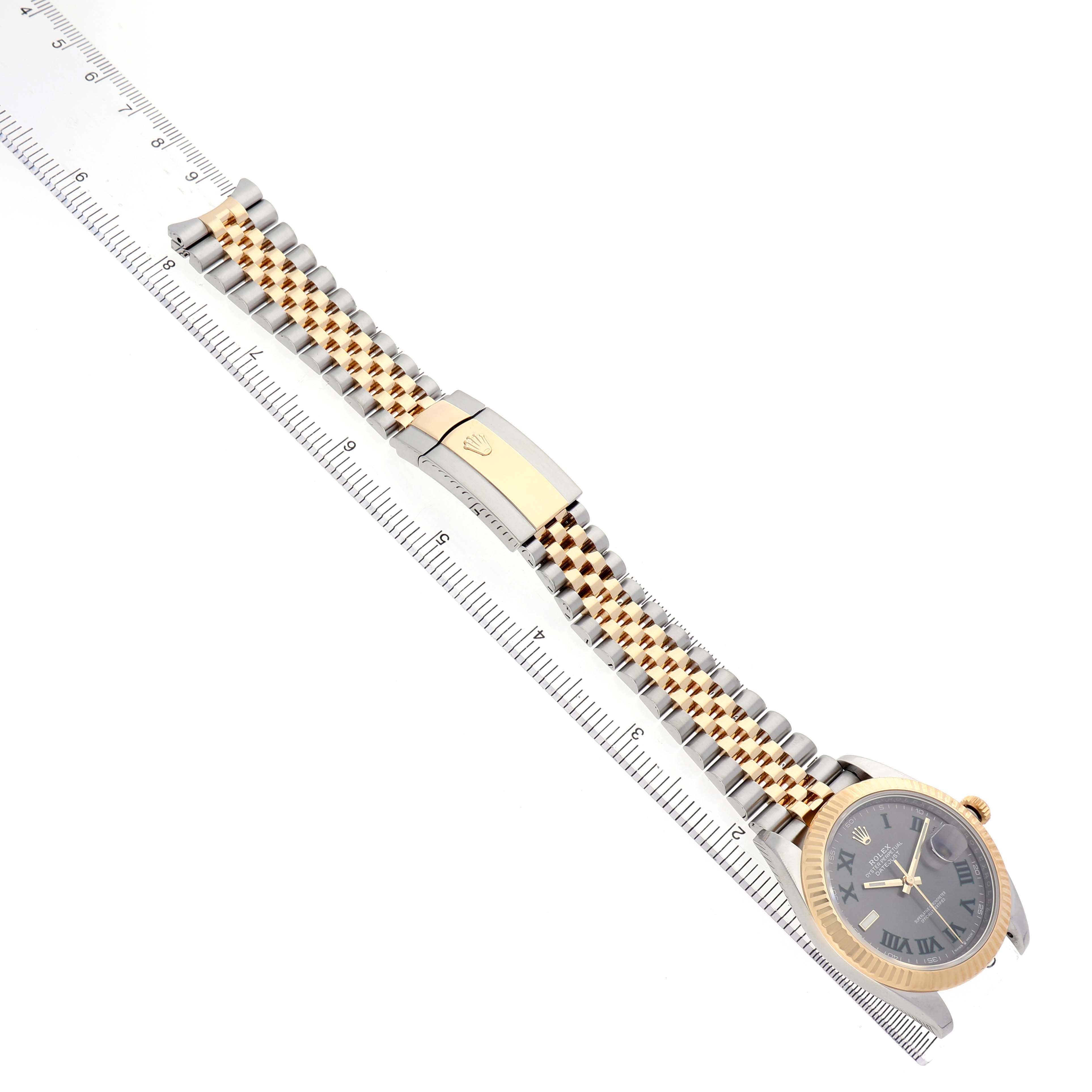 The Rolex Datejust 41 126333 Men's Steel and Gold (two tone) Grey Dial is shown at an angled side view, highlighting the bracelet, clasp, and watch face.