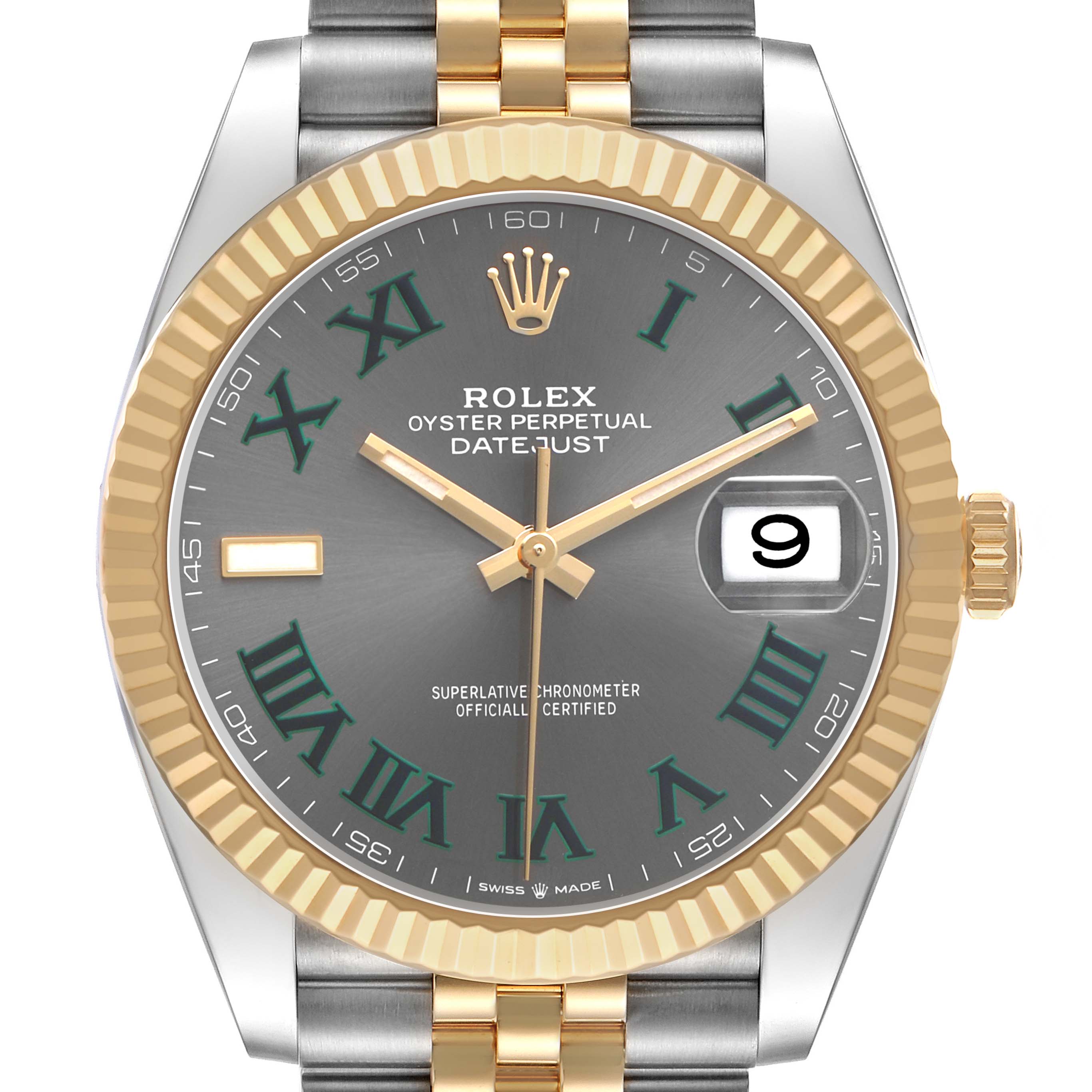The image shows a frontal view of the Rolex Datejust 41 126333 Men's Steel and Gold (two tone) Grey Dial, featuring the dial, bezel, crown, and part of the bracelet.