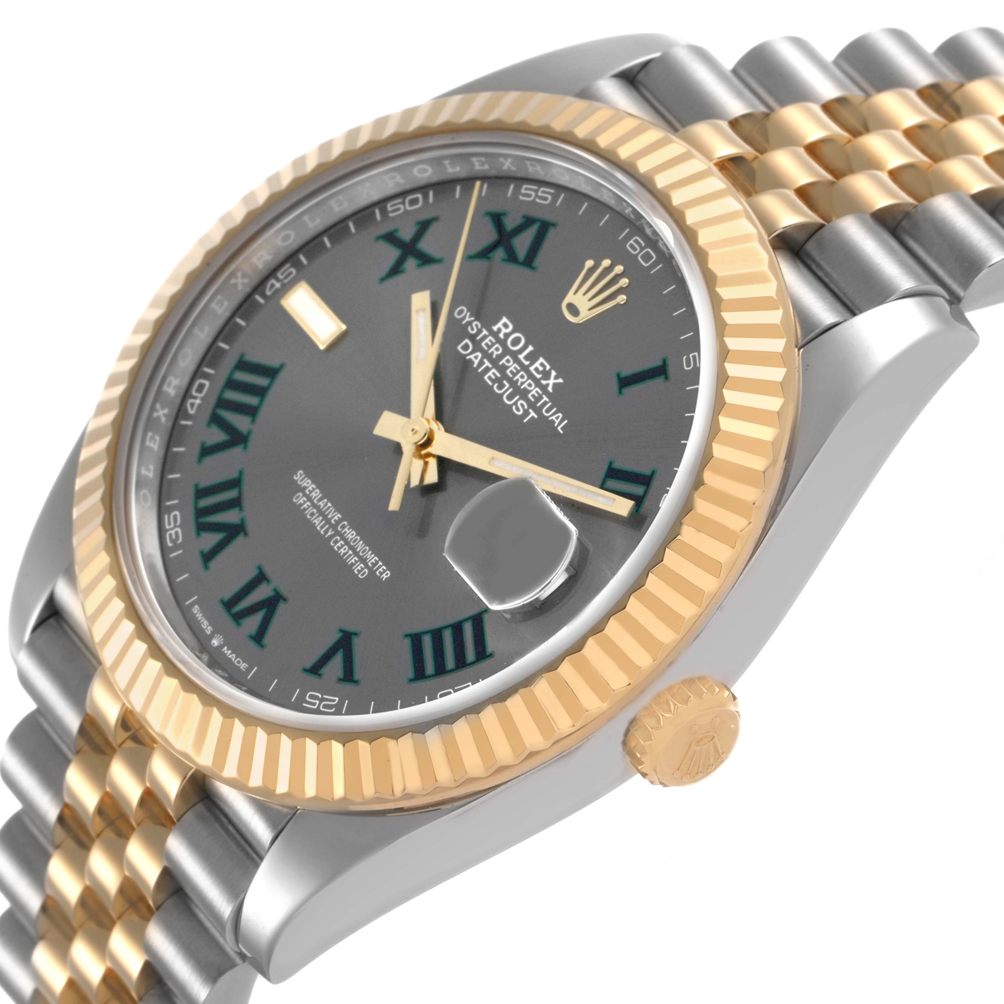 The Rolex Datejust 41 126333 Men's Steel and Gold (two tone) Grey Dial is shown at a slight angle, featuring a gold fluted bezel, gray dial, and Jubilee bracelet.