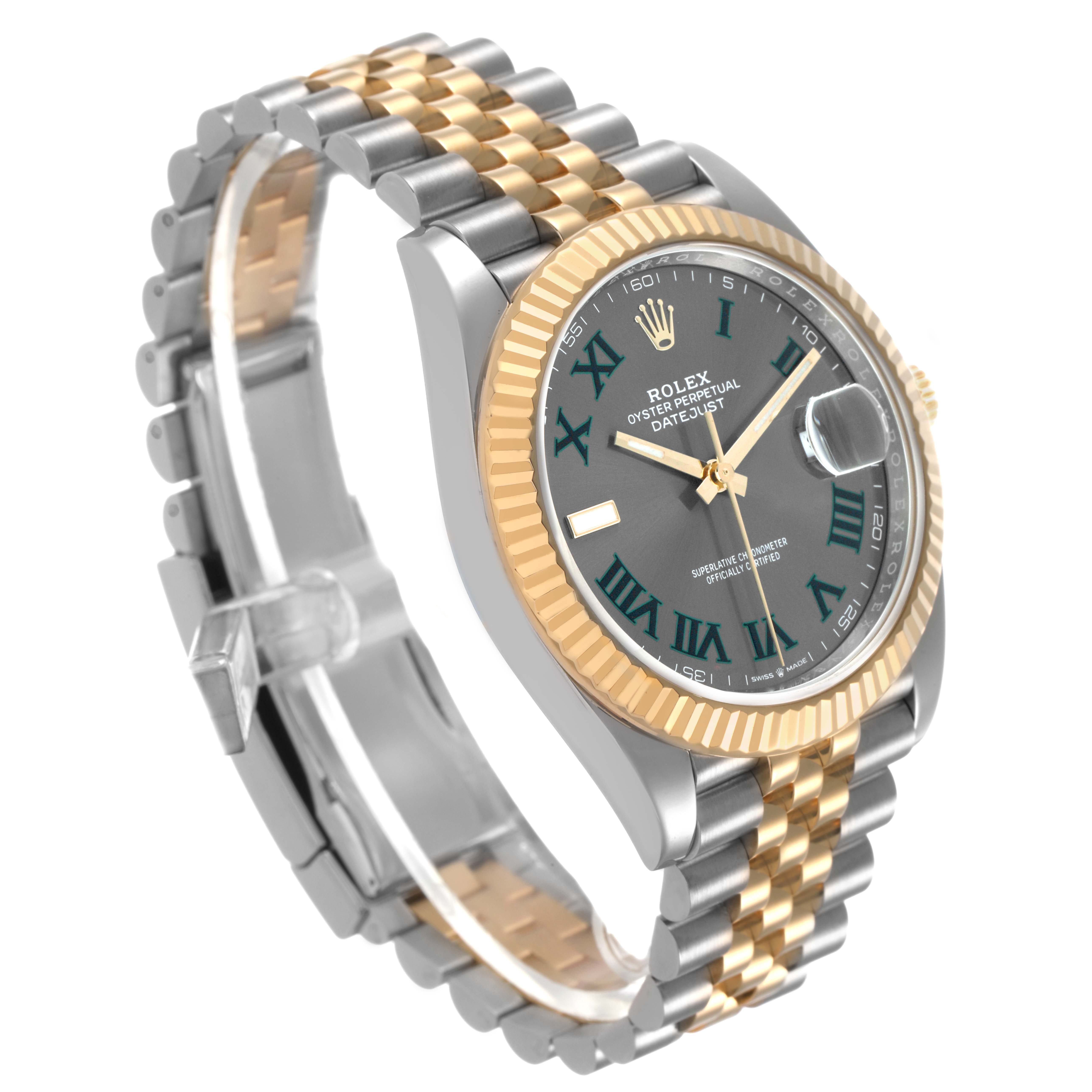 The Rolex Datejust 41 126333 Men's Steel and Gold (two tone) Grey Dial is shown at a three-quarter angle displaying its dial, fluted bezel, and Jubilee bracelet.