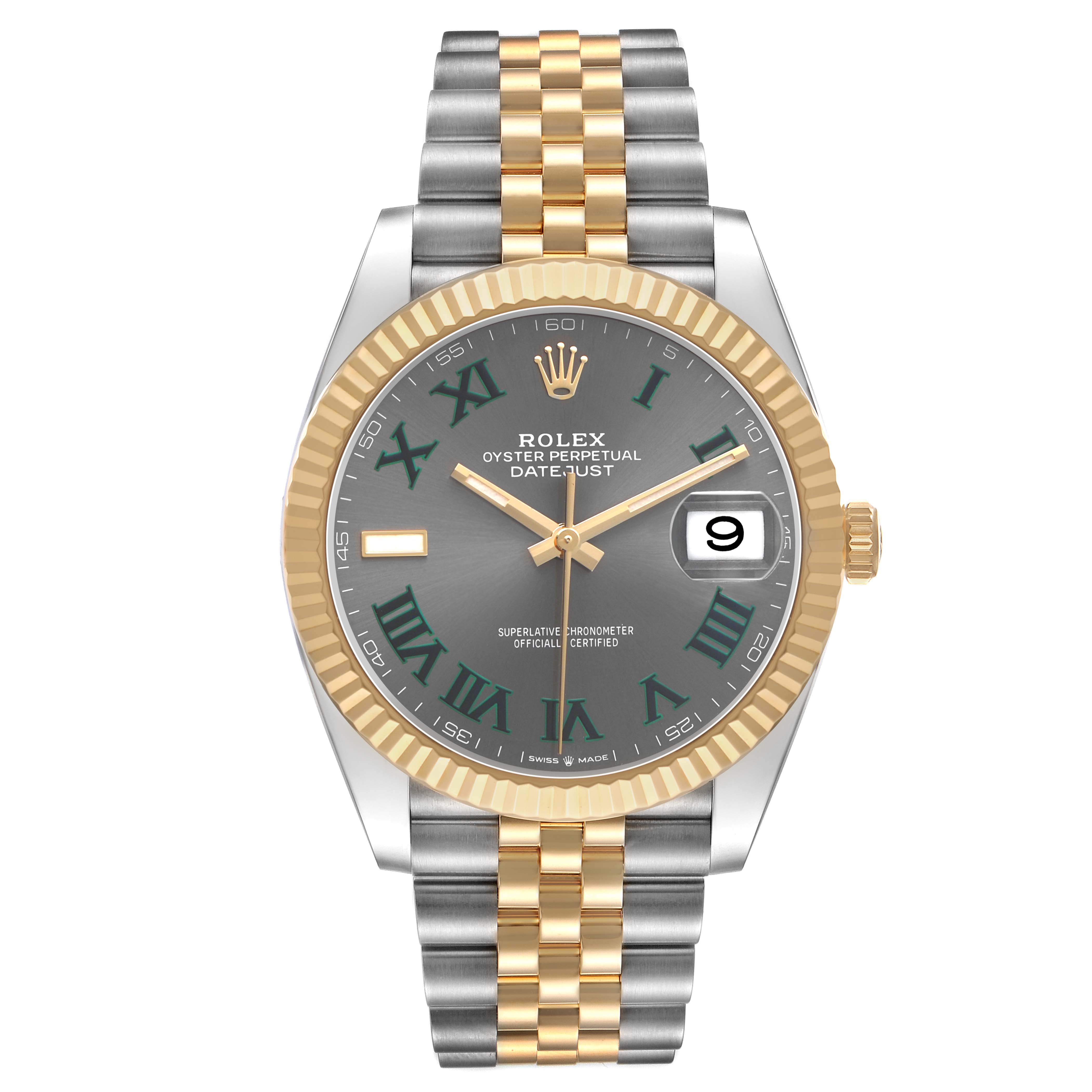 The Rolex Datejust 41 126333 Men's Steel and Gold (two tone) Grey Dial is shown from a front view, displaying its two-tone bracelet, gold fluted bezel, and gray dial with Roman numerals.