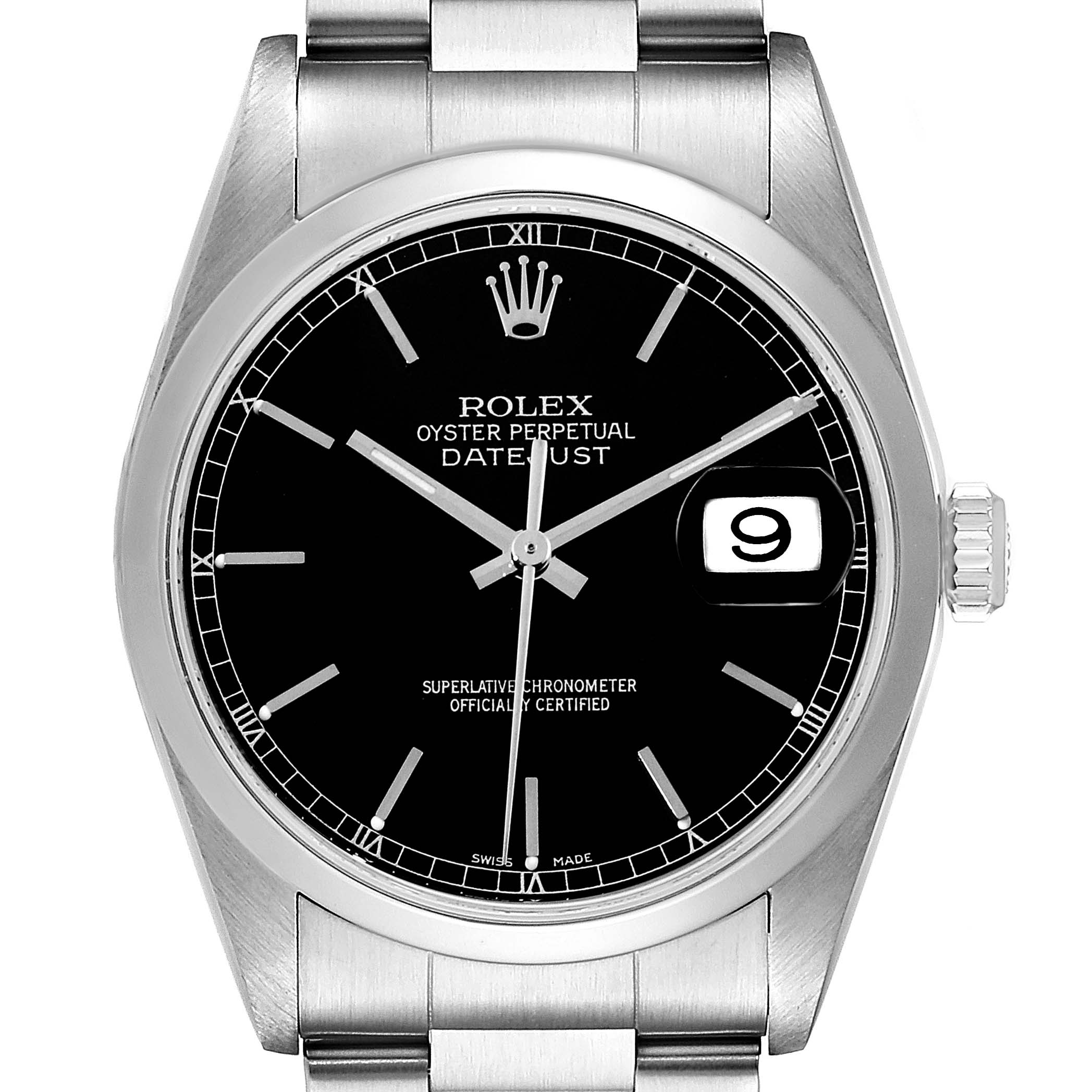 This is a front view of a Rolex Datejust 16200 Men's Stainless Steel Black Dial 16200 Men's Stainless Steel Black Dial watch, showing the dial, hour markers, hands, and date window.