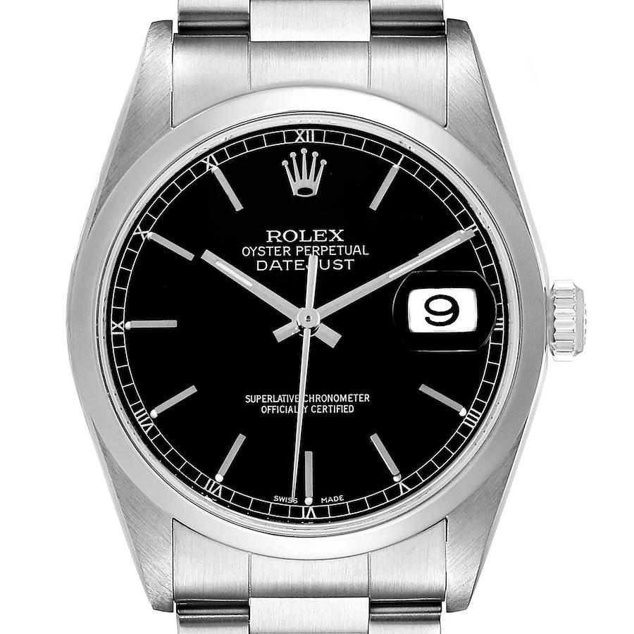 This is a front view of a Rolex Datejust watch, showing the dial, hour markers, hands, and date window.