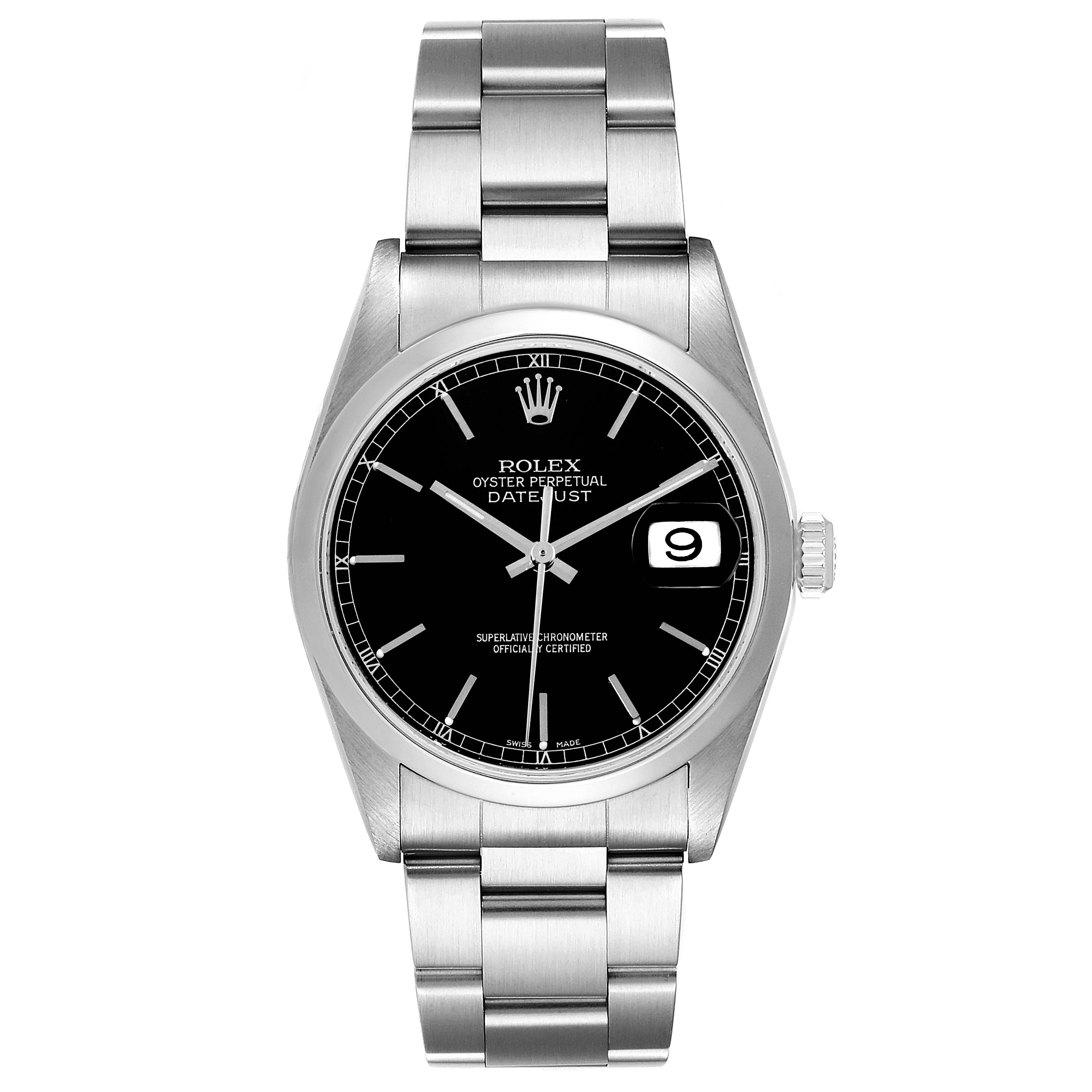 The image shows a front view of a Rolex Datejust 16200 Men's Stainless Steel Black Dial 16200 Men's Stainless Steel Black Dial watch, highlighting its black dial, date window, metal bracelet, and crown logo.
