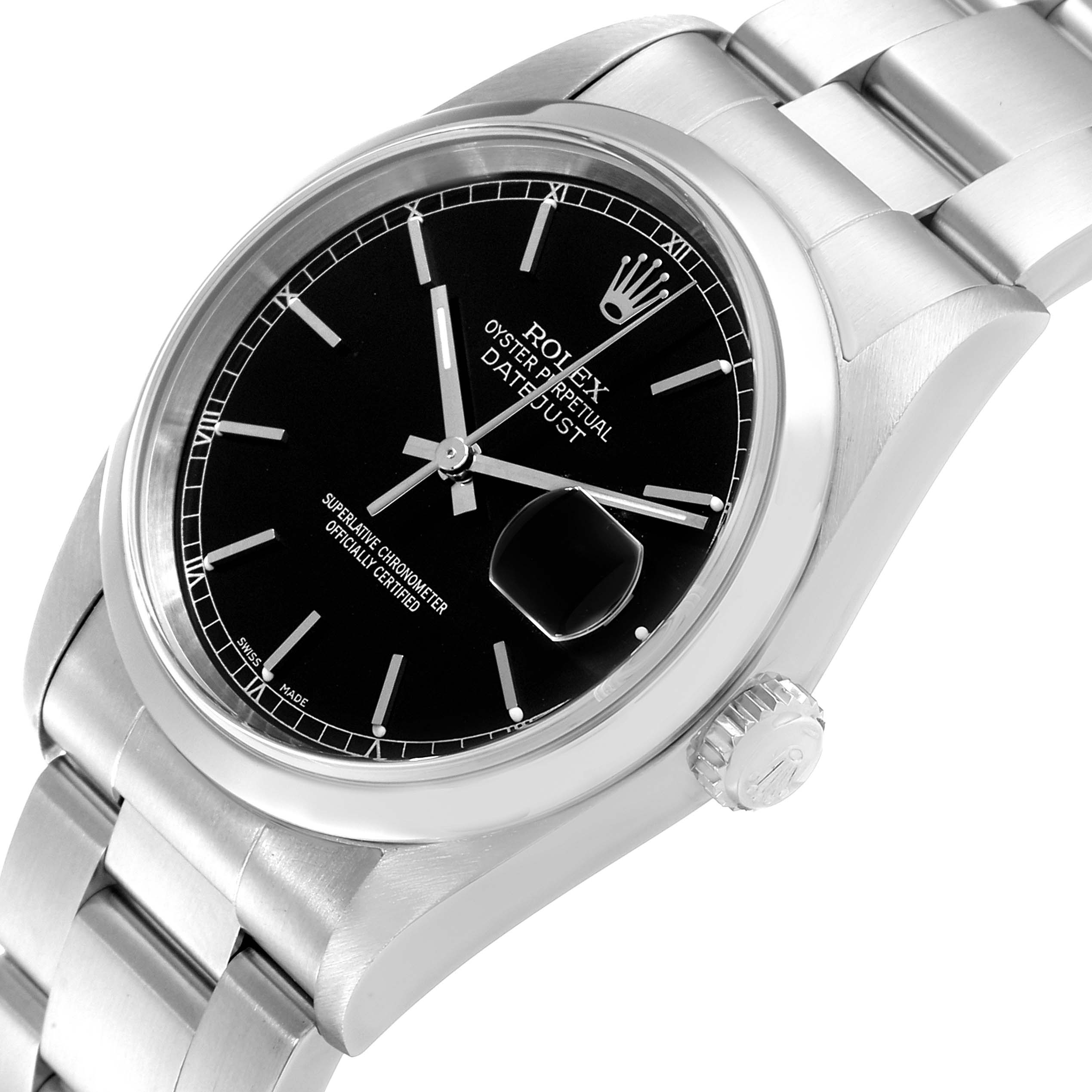 This image shows a Rolex Datejust 16200 Men's Stainless Steel Black Dial 16200 Men's Stainless Steel Black Dial watch at an angled close-up, highlighting the black dial, date window, bezel, and part of the bracelet.