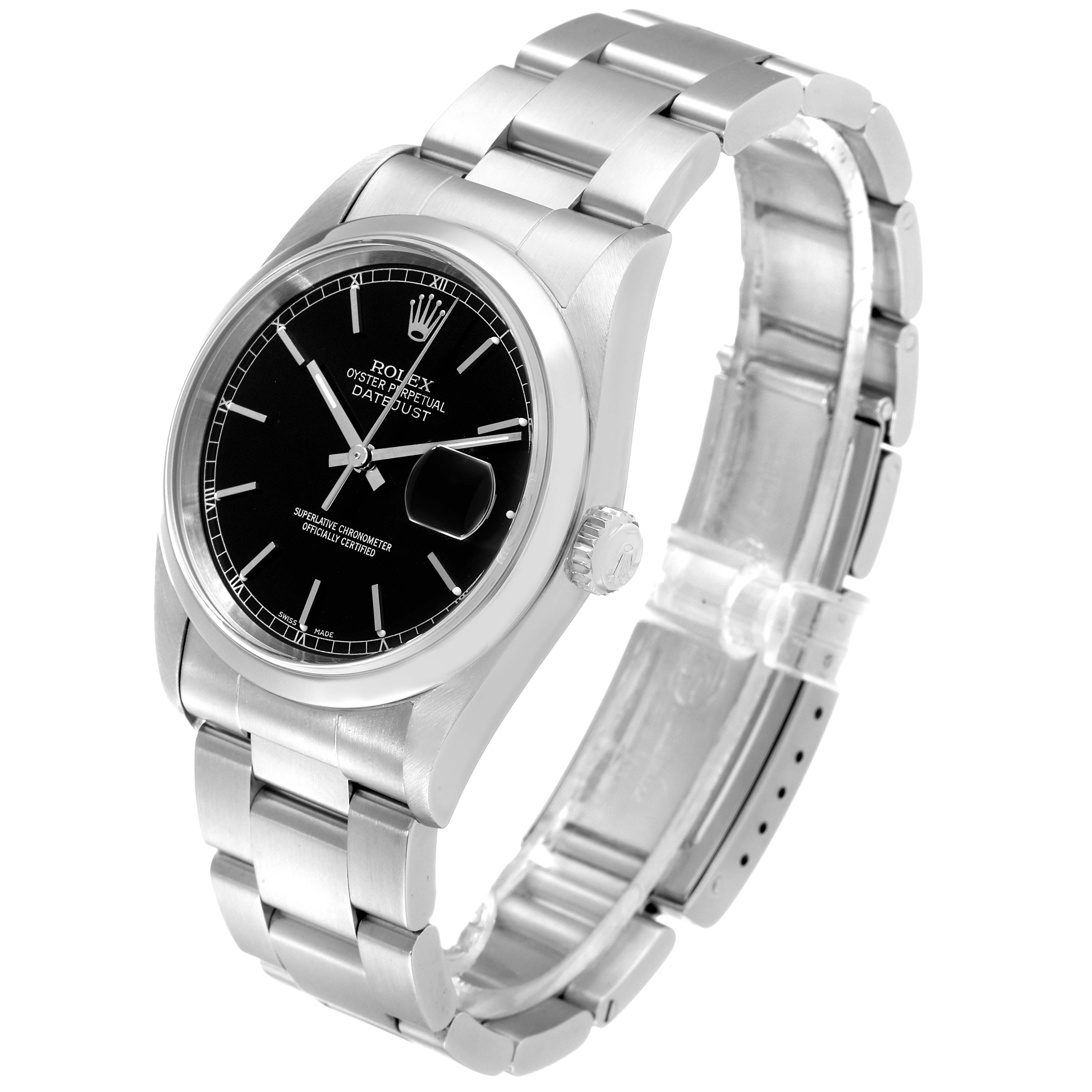 This image features the Rolex Datejust 16200 Men's Stainless Steel Black Dial 16200 Men's Stainless Steel Black Dial watch taken at an angled perspective, showing the case, dial, crown, and bracelet.