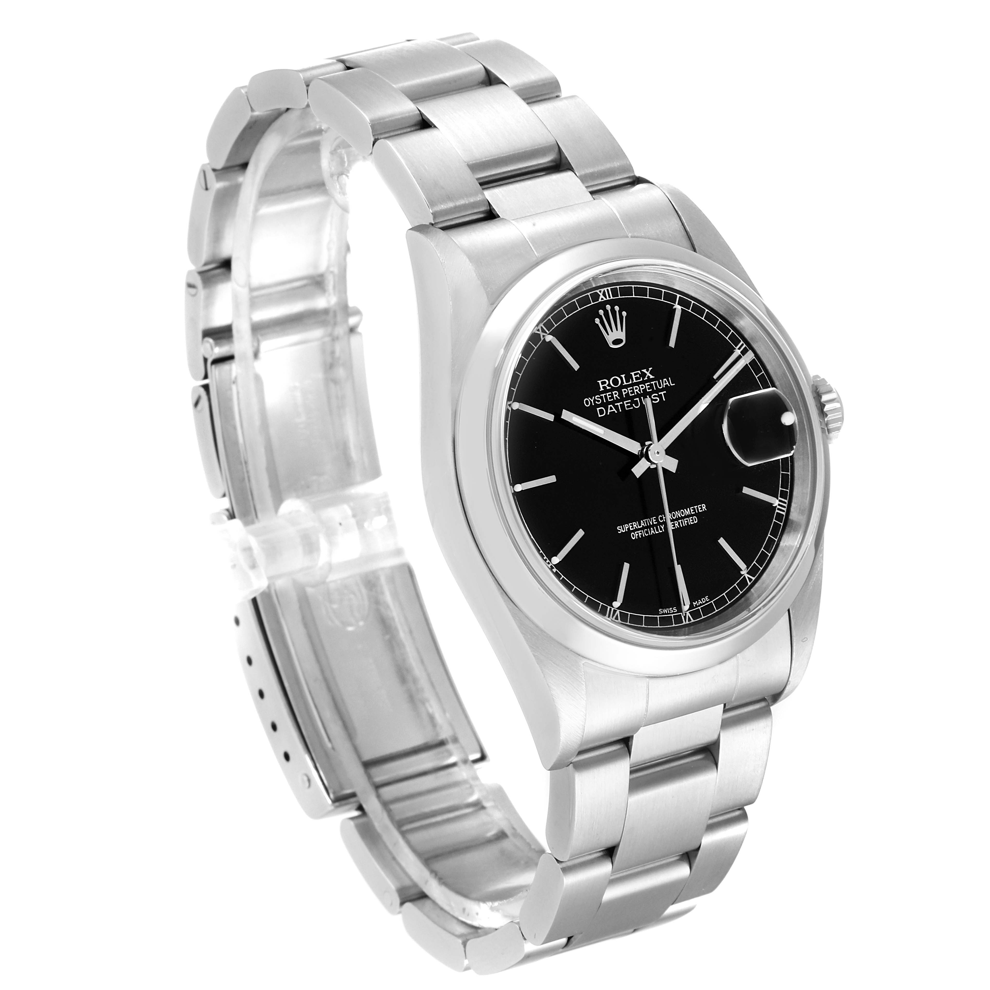The image shows a Rolex Datejust 16200 Men's Stainless Steel Black Dial 16200 Men's Stainless Steel Black Dial watch from an angled front and side view, displaying its black dial, case, and bracelet.