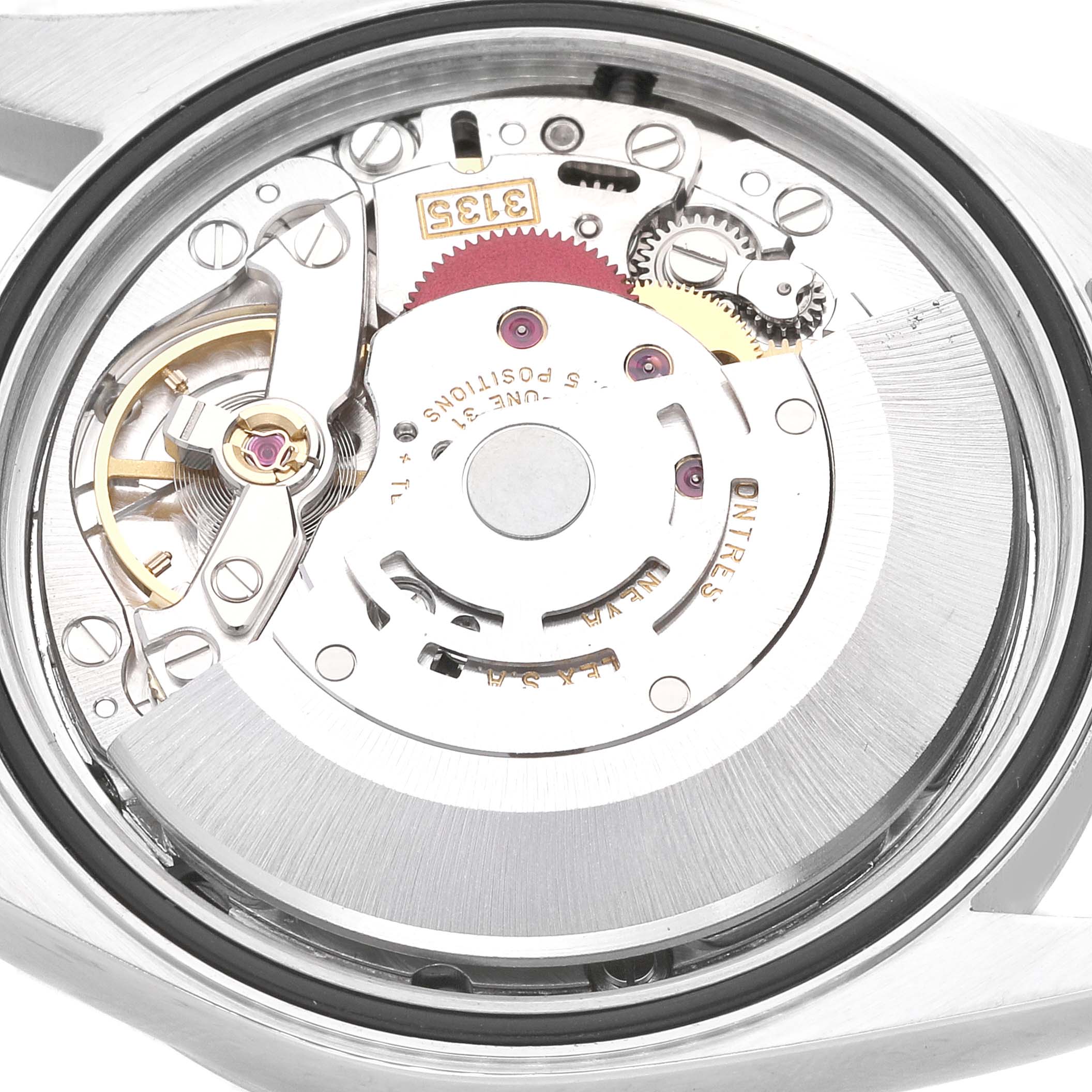 The image shows the movement and inner mechanics of a Rolex Datejust 16200 Men's Stainless Steel Black Dial 16200 Men's Stainless Steel Black Dial watch from a top-down angle.