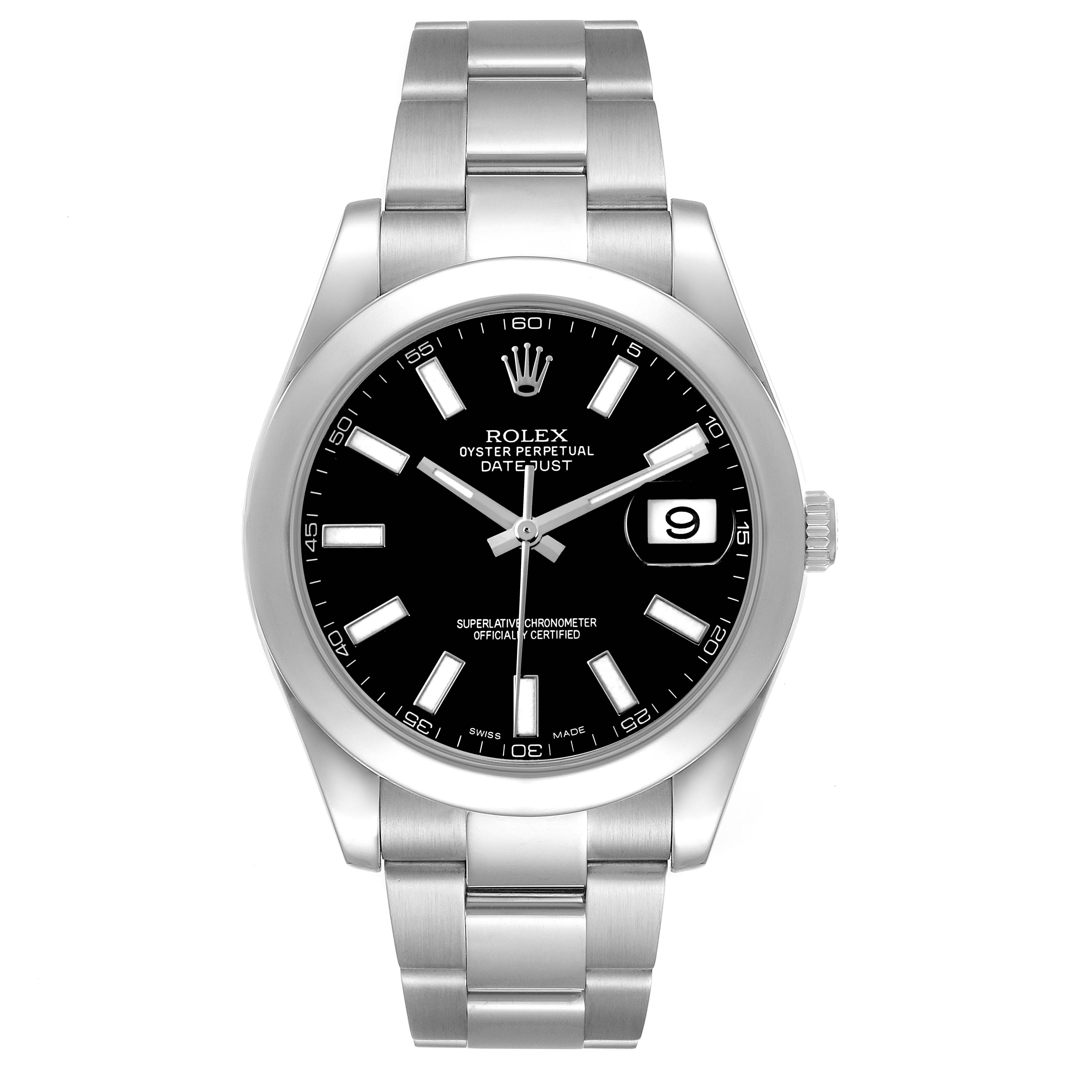 The Rolex Datejust 41 116300 Men's Stainless Steel Black Dial is shown from a front view, displaying the dial, bezel, and part of the bracelet.