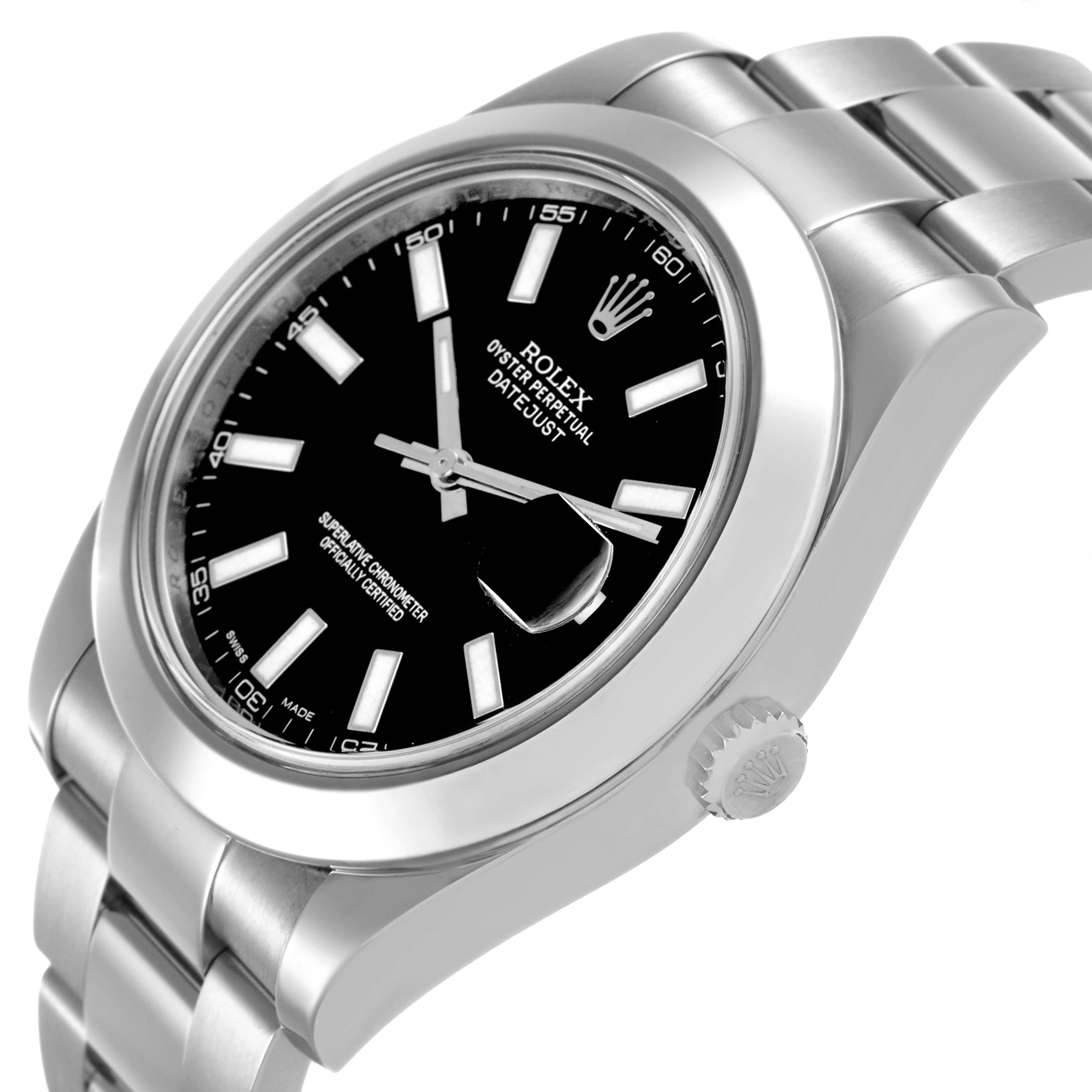 The Rolex Datejust 41 116300 Men's Stainless Steel Black Dial watch is shown at an angle displaying the dial, bezel, bracelet, and crown.