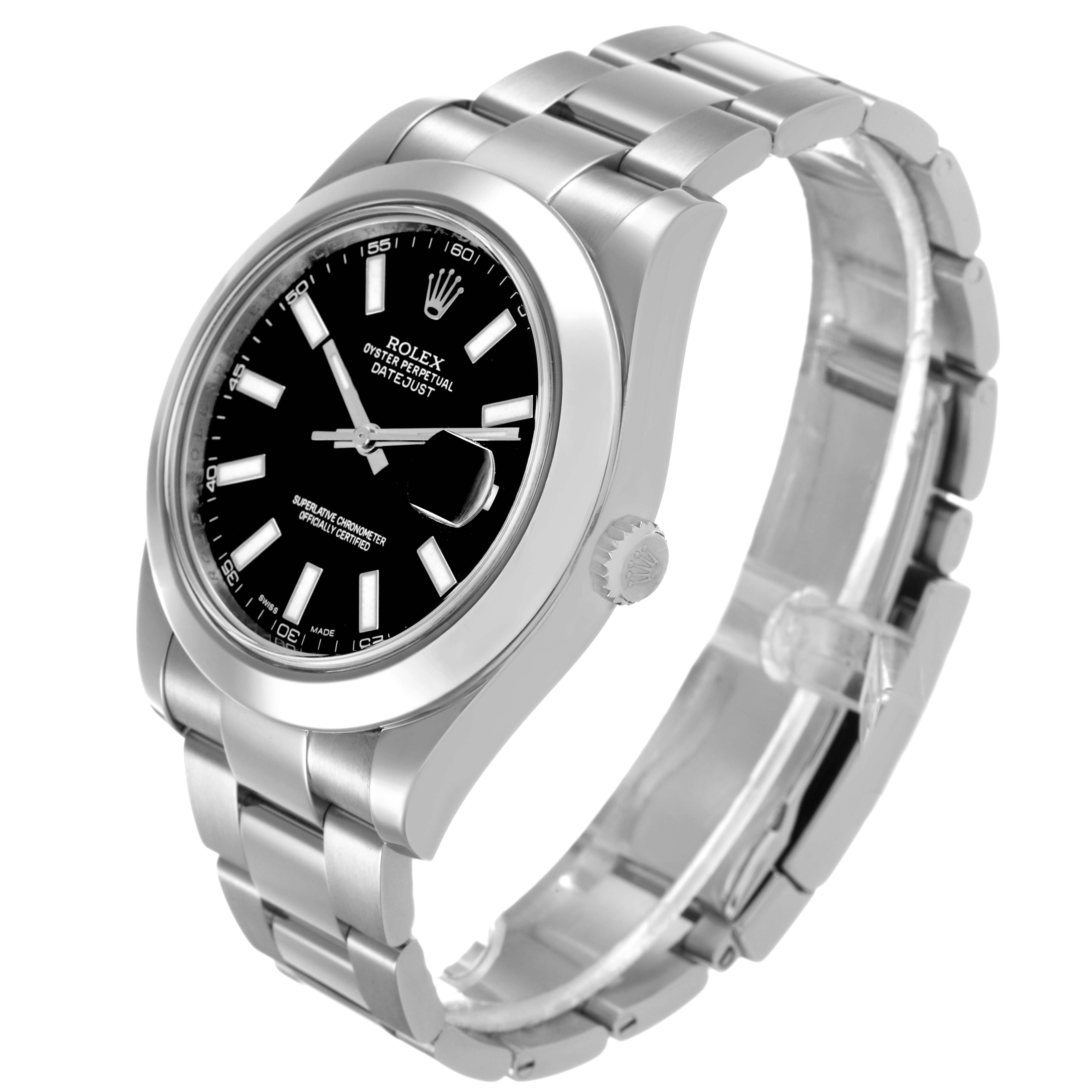 The Rolex Datejust 41 116300 Men's Stainless Steel Black Dial is shown at a three-quarter angle, displaying the face, bezel, crown, and part of the bracelet.