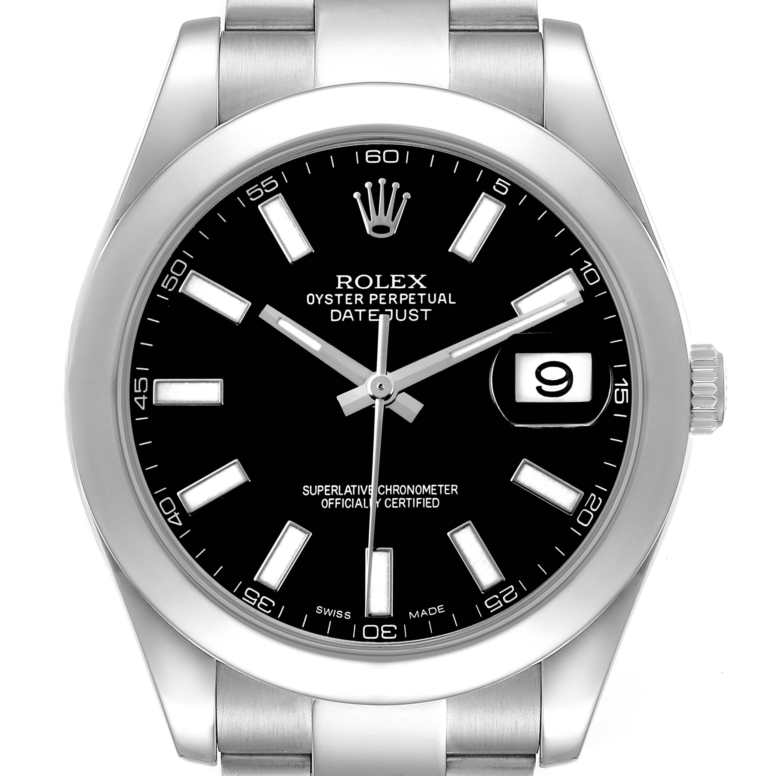 The Rolex Datejust 41 116300 Men's Stainless Steel Black Dial watch is shown from a front angle, highlighting its dial, bezel, bracelet, and date window.