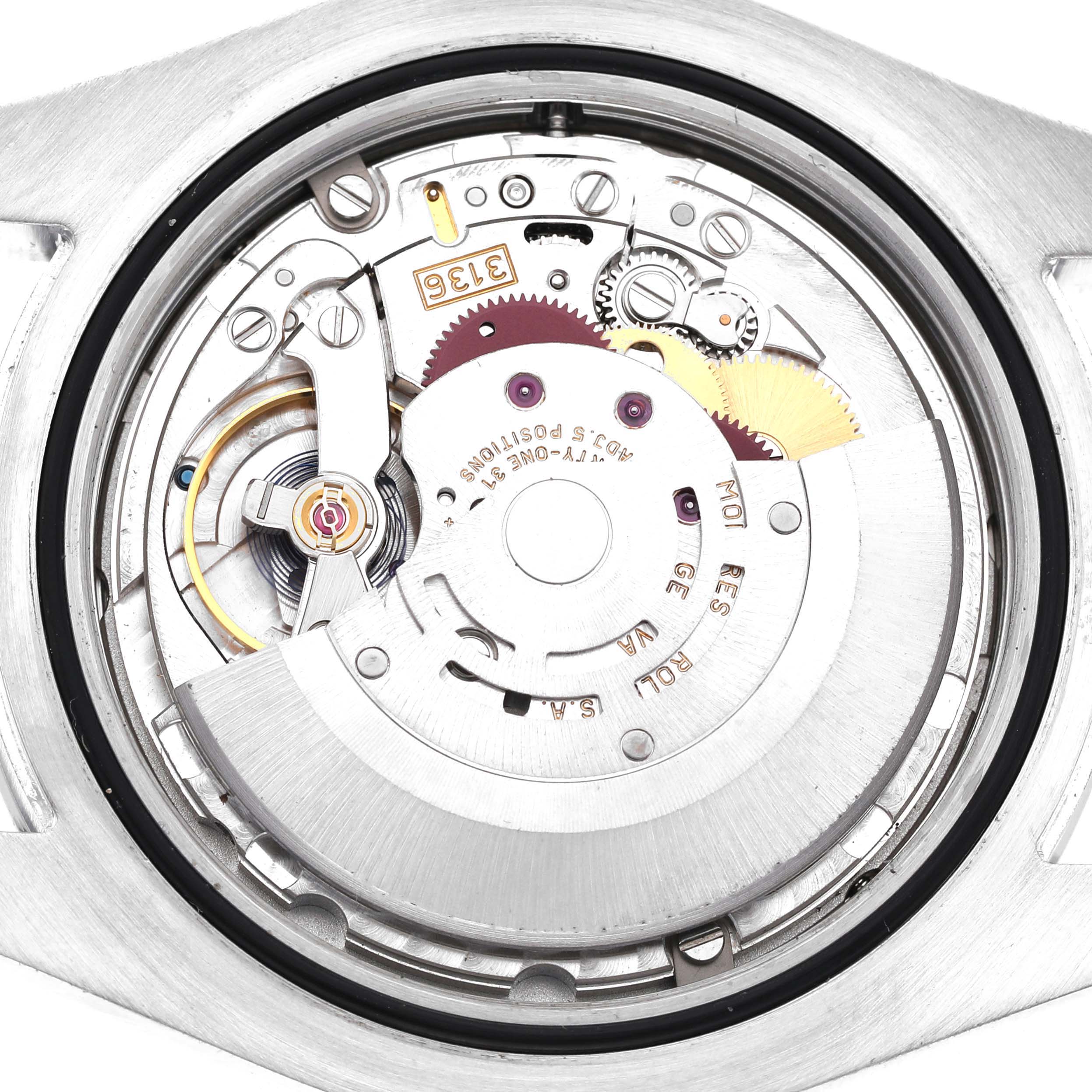 The image shows the open case back view of a Rolex Datejust 41 116300 Men's Stainless Steel Black Dial, revealing its intricate mechanical movement.