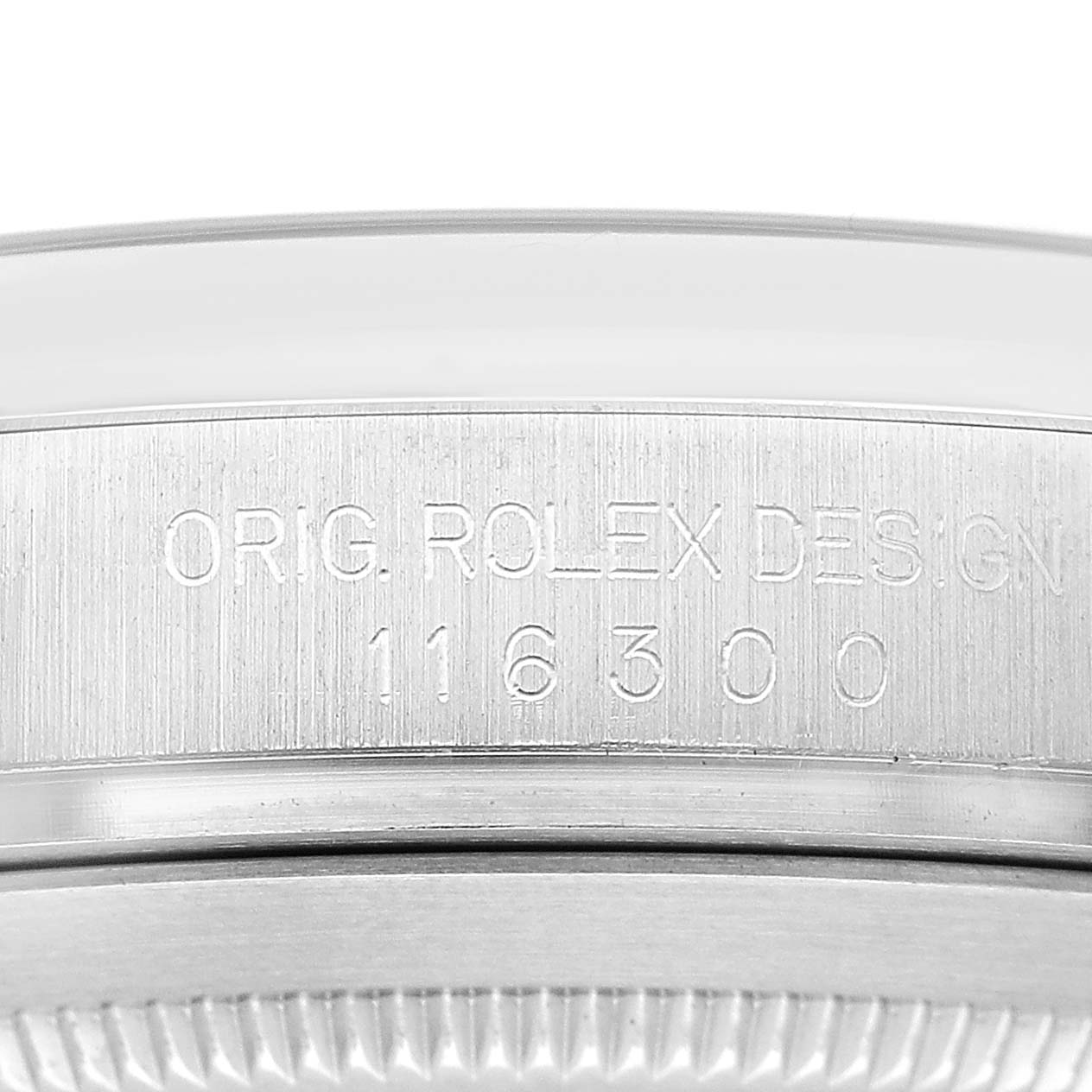 The image shows a close-up of the side of the Rolex Datejust 41 116300 Men's Stainless Steel Black Dial's case, highlighting the engraved design and model number.