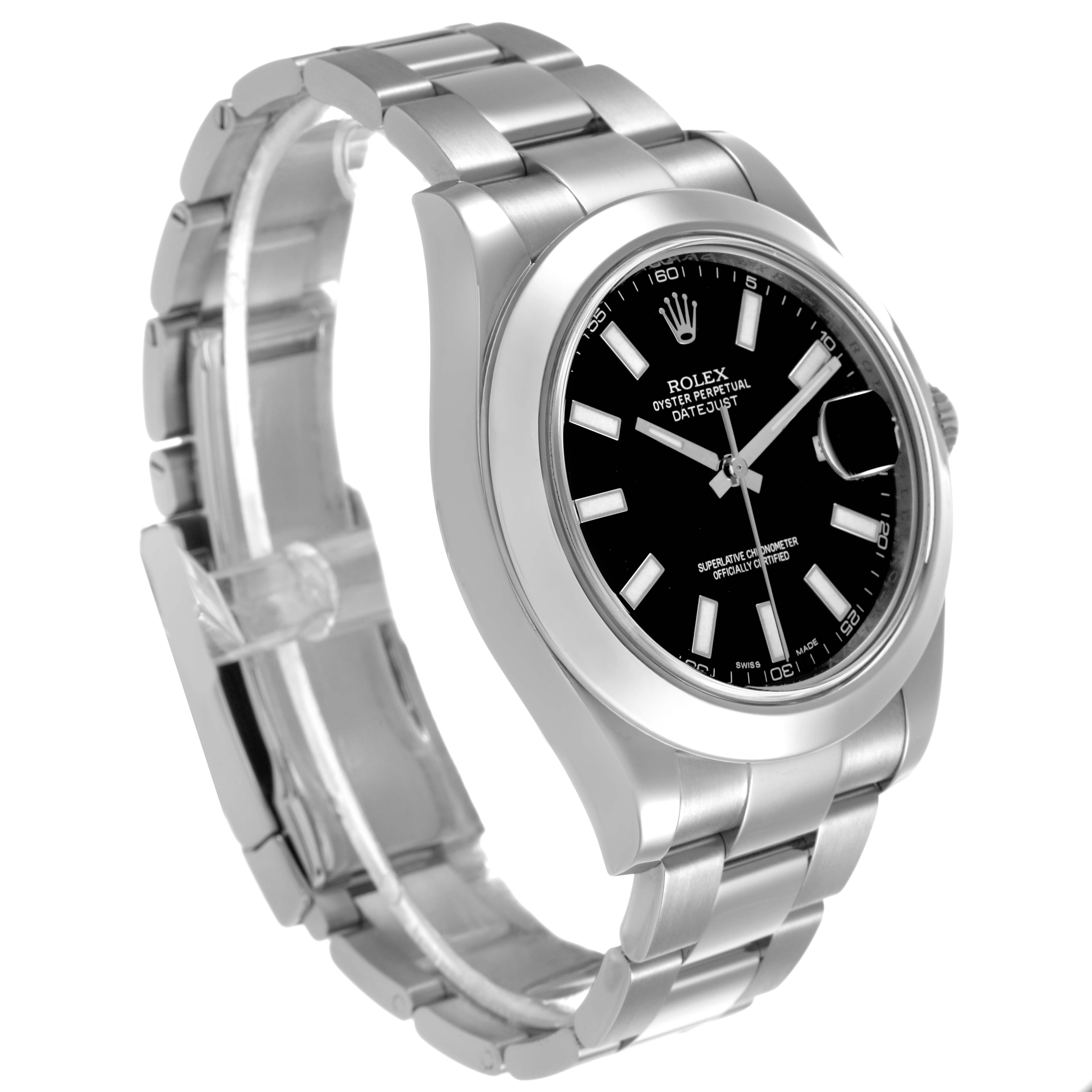The image shows a Rolex Datejust 41 116300 Men's Stainless Steel Black Dial watch from a front angle, highlighting the black dial, markers, bracelet, and case.