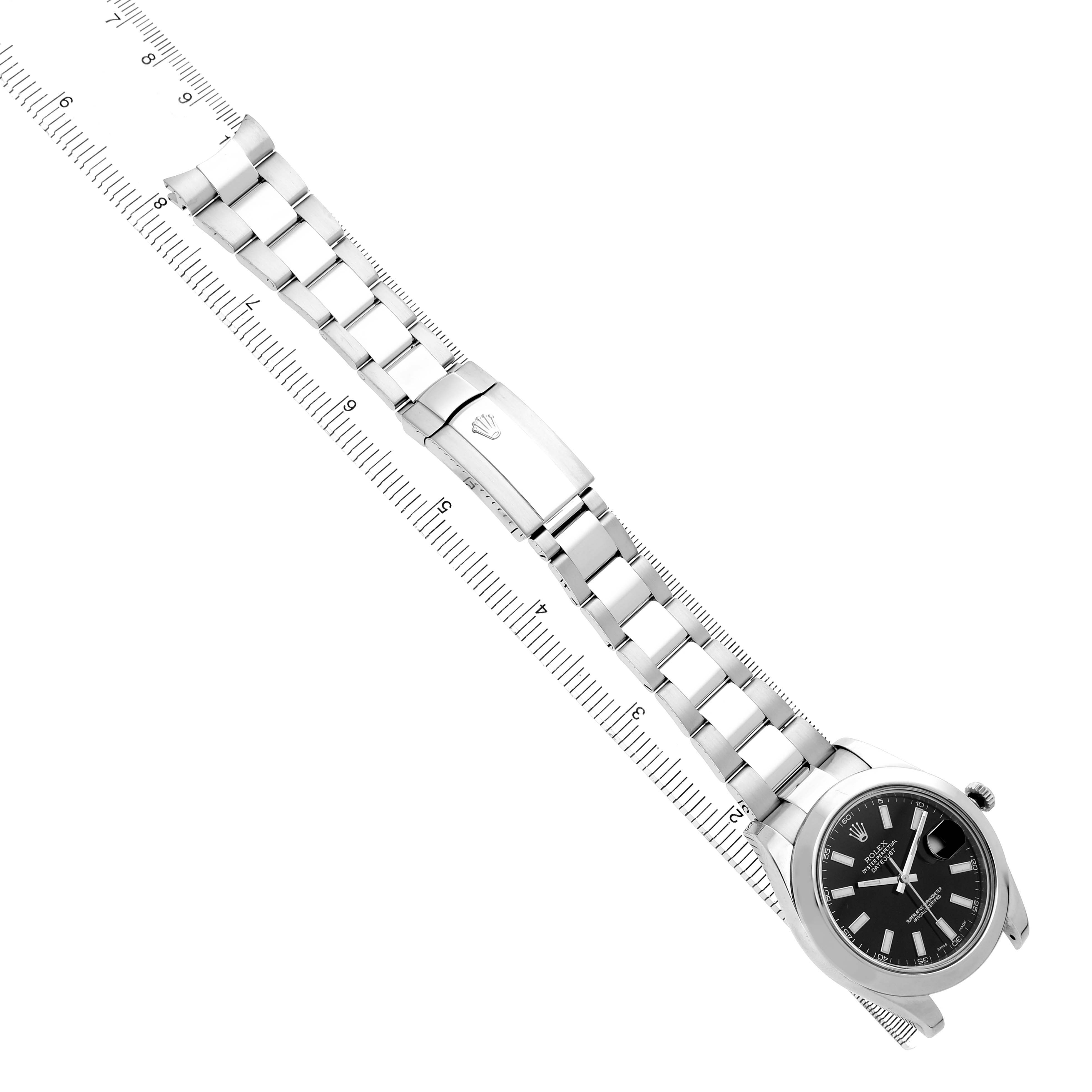 The Rolex Datejust 41 116300 Men's Stainless Steel Black Dial is shown from a top-down angle, highlighting its bracelet and black dial.