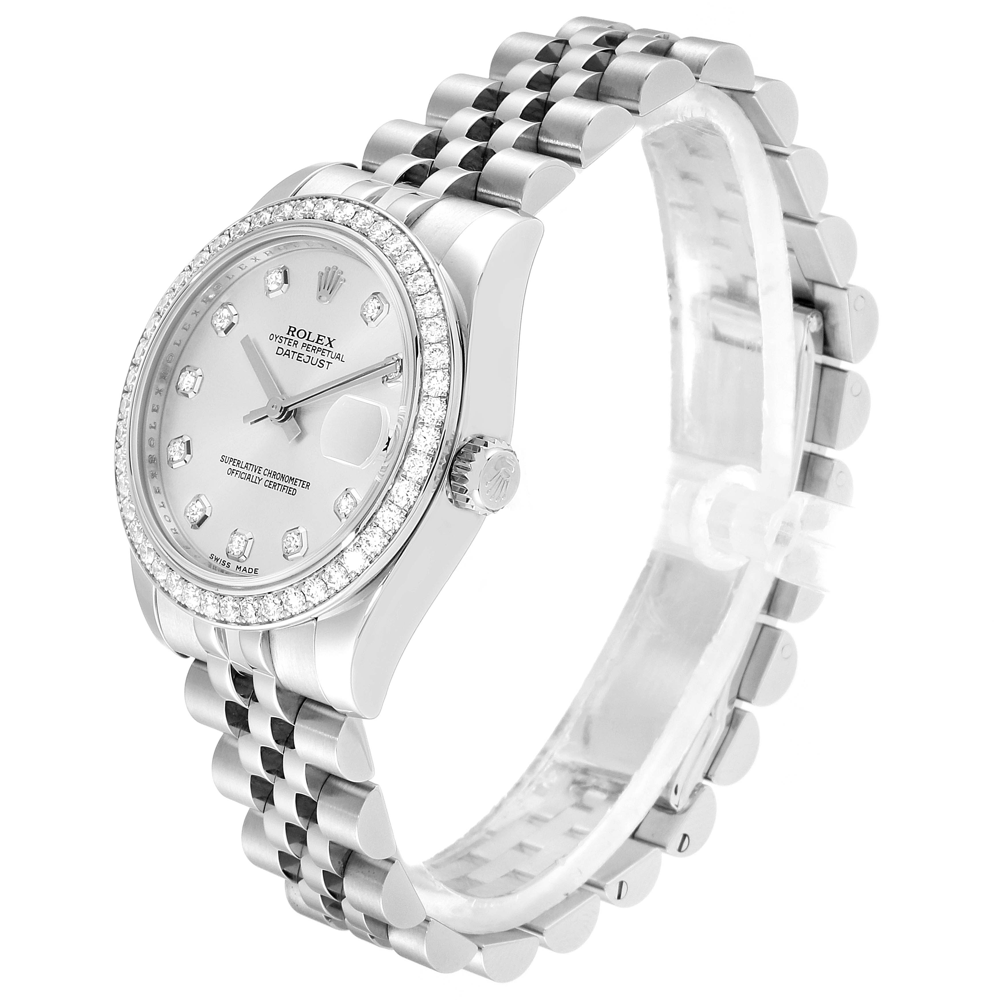 The image shows a Rolex Mid-Size 178384 Women
s Stainless Steel Silver Dial 178384 Women
s Stainless Steel Silver Dial Datejust watch at an angle focusing on the dial, bezel, crown, and bracelet.