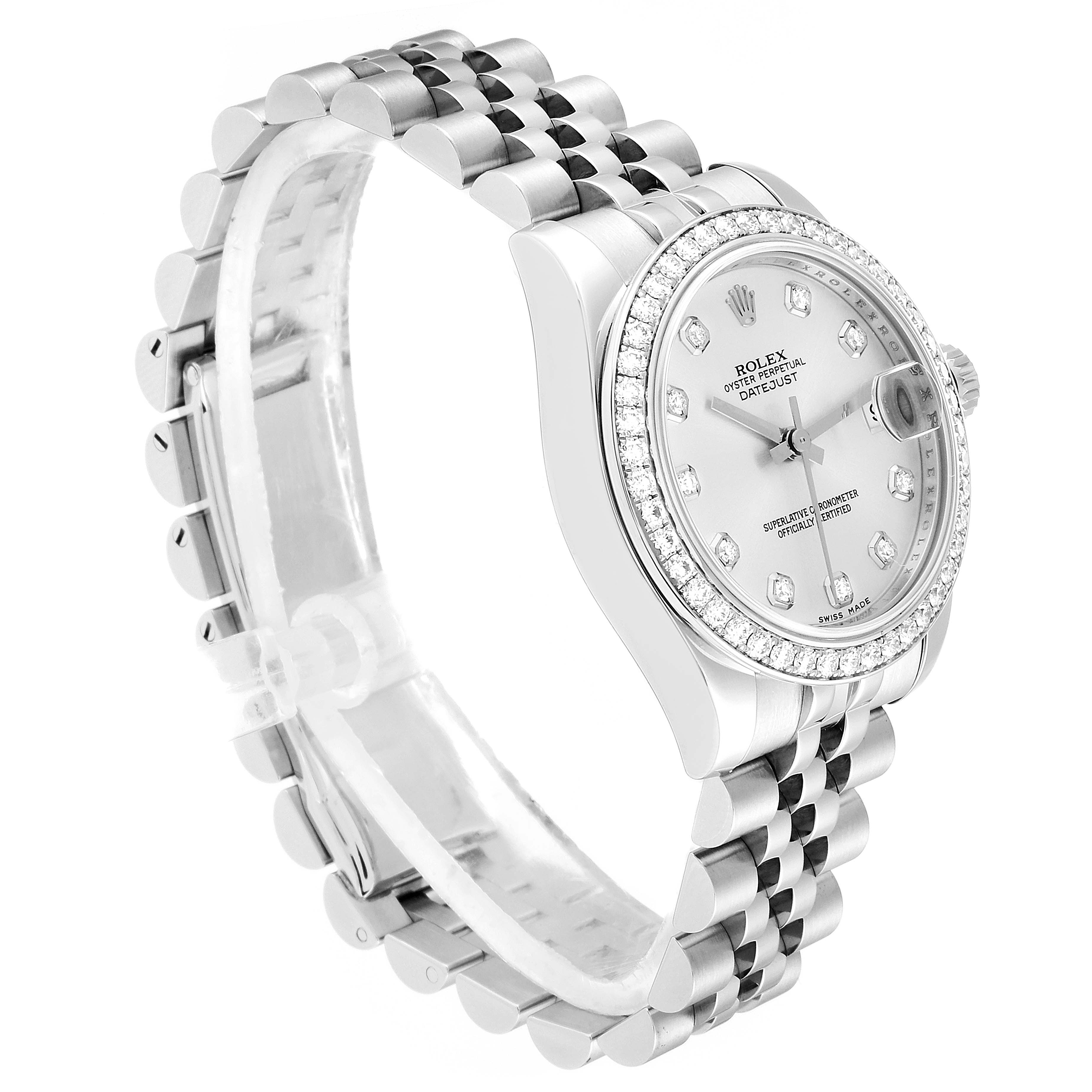 The image shows a side view of the Rolex Mid-Size 178384 Women
s Stainless Steel Silver Dial 178384 Women
s Stainless Steel Silver Dial Datejust watch, highlighting the face, bezel, and bracelet.