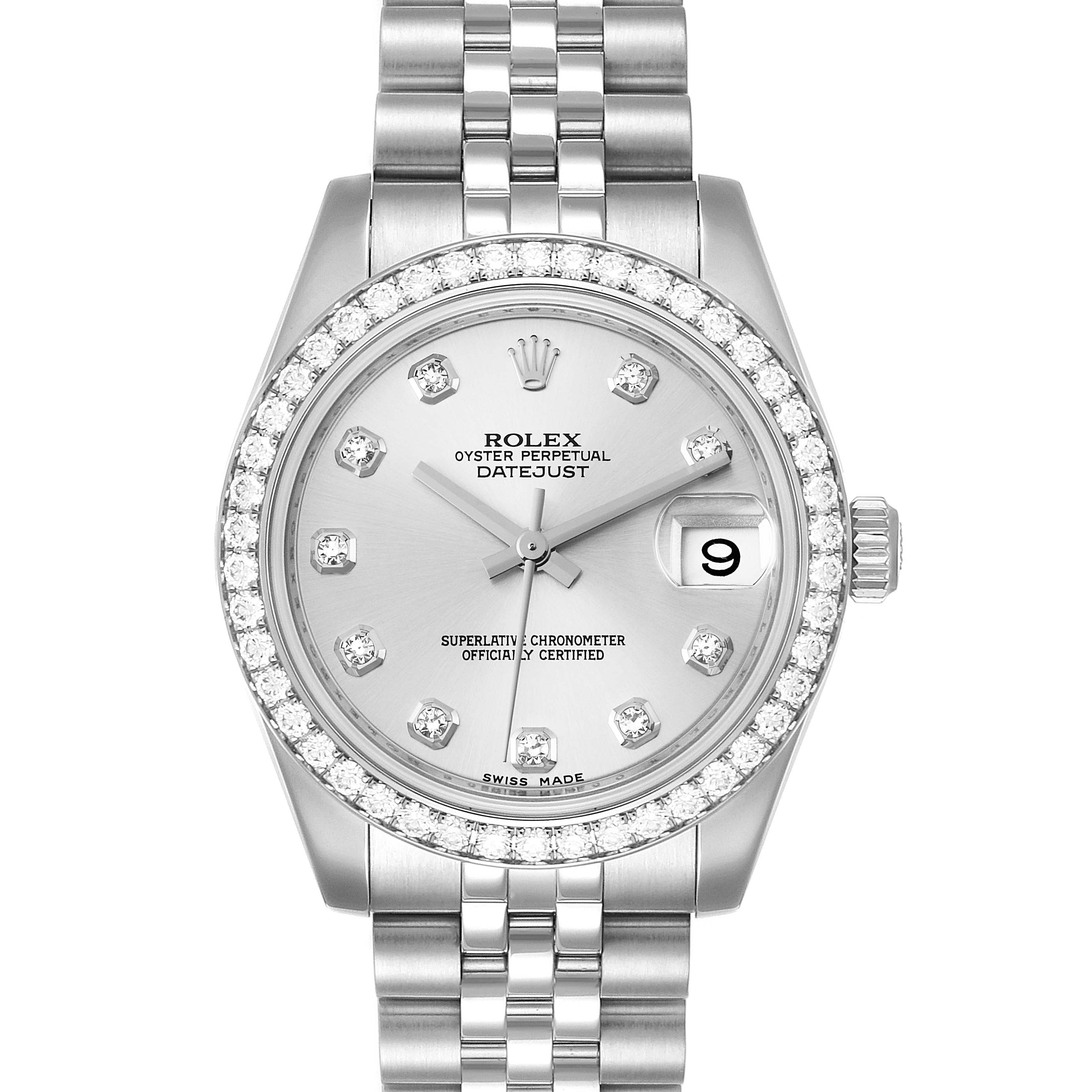 The image shows a front view of a Mid-Size Rolex Datejust watch including the dial, bezel, crown, and bracelet.