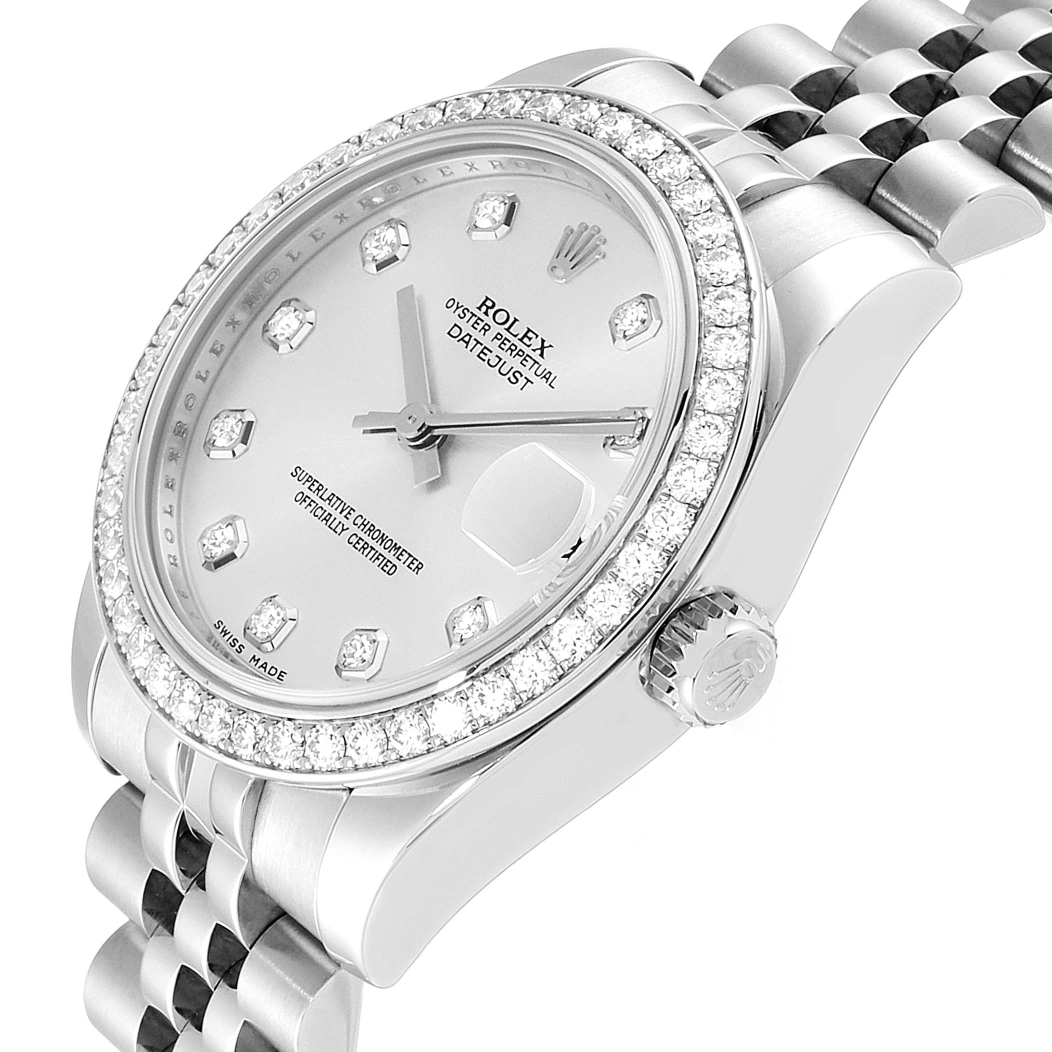 This image shows a close-up angle of the face, bezel, and bracelet of a Rolex Datejust Mid-Size watch.