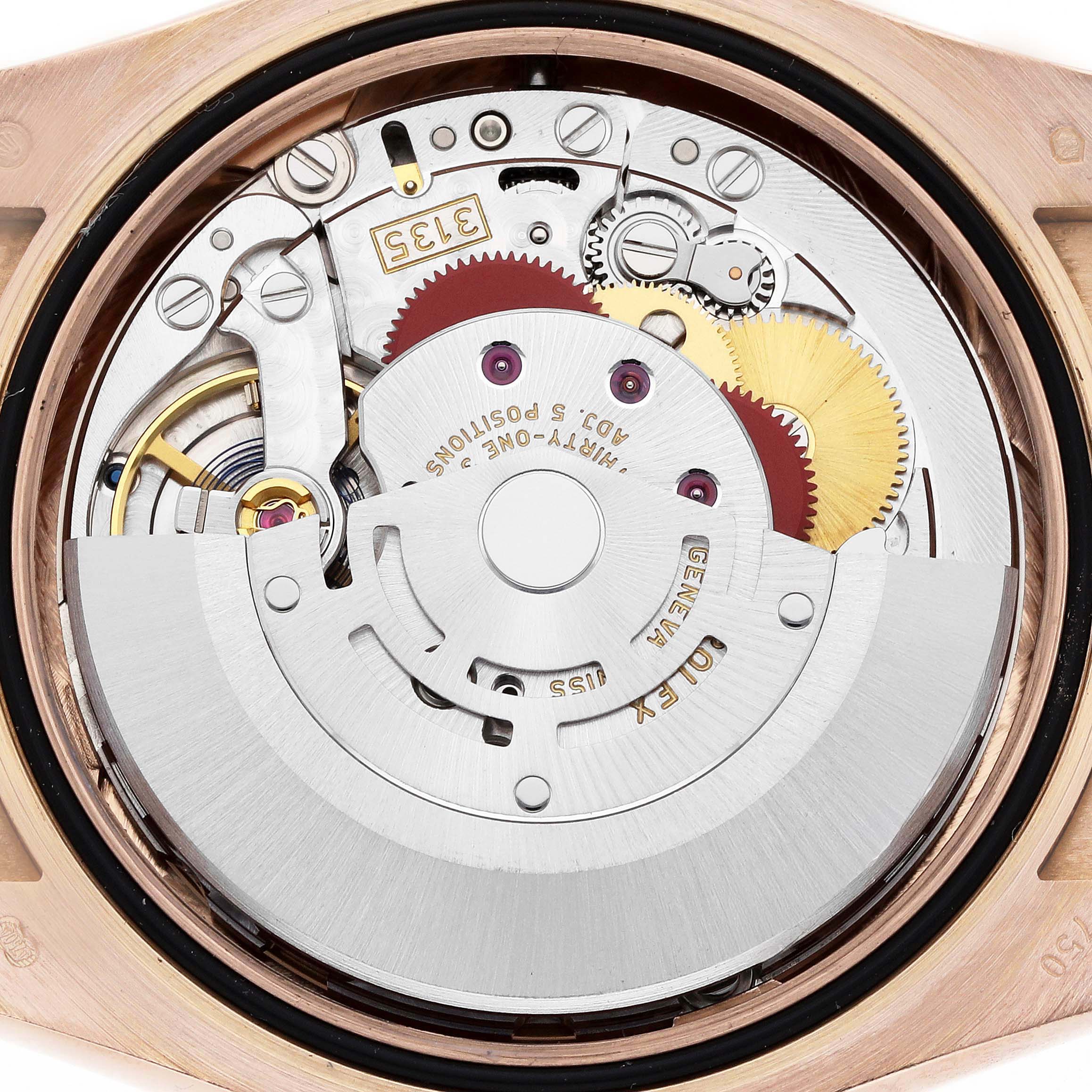 The image shows the movement of a Rolex Datejust 116185 Men's Rose Gold Mother of Pearl Dial watch from a rear angle, highlighting gears and the rotor.