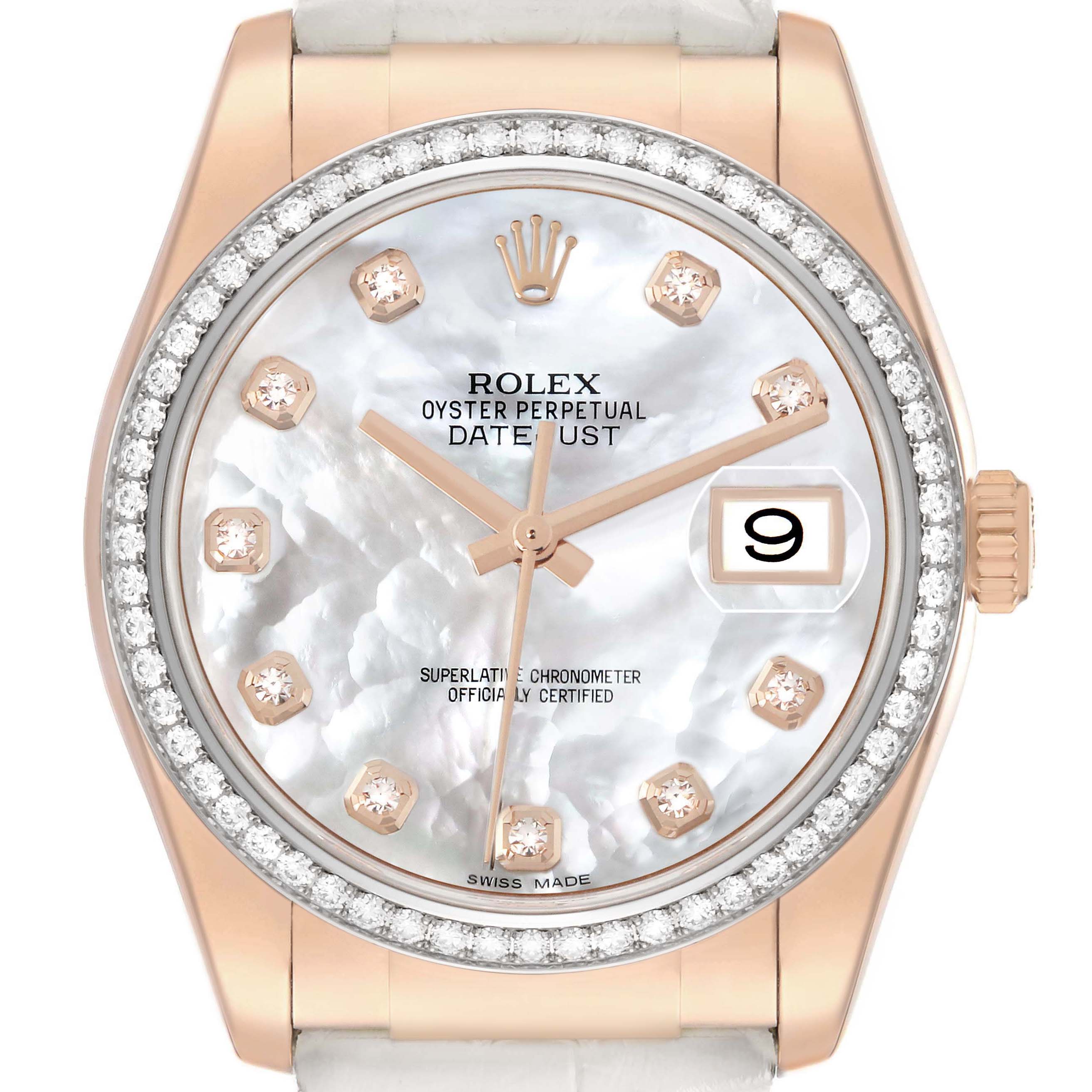 The Rolex Datejust 116185 Men's Rose Gold Mother of Pearl Dial watch is shown from the front, highlighting its dial, bezel, and crown.