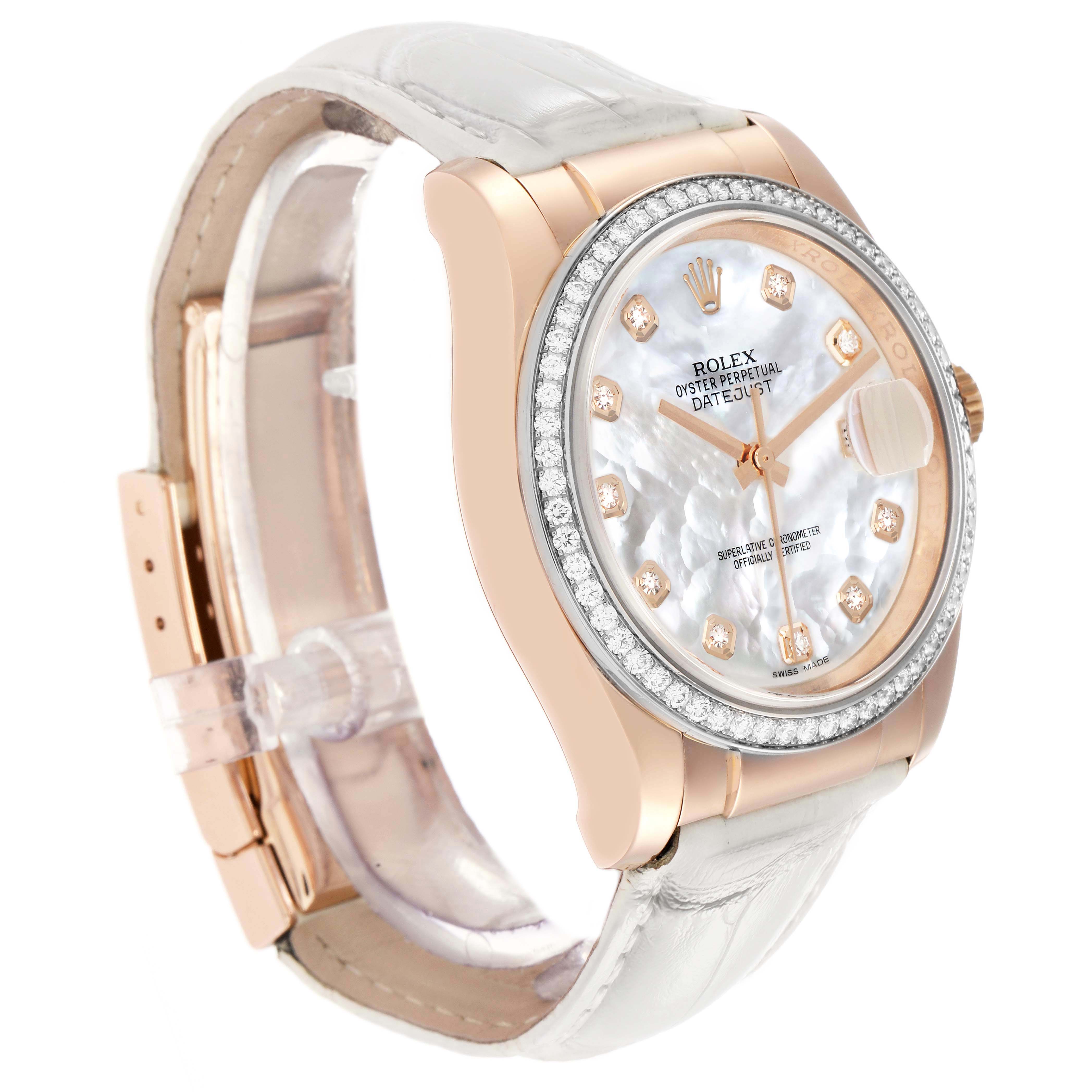 The Rolex Datejust 116185 Men's Rose Gold Mother of Pearl Dial watch is shown from an angled side view, highlighting its face, bezel, strap, and crown.