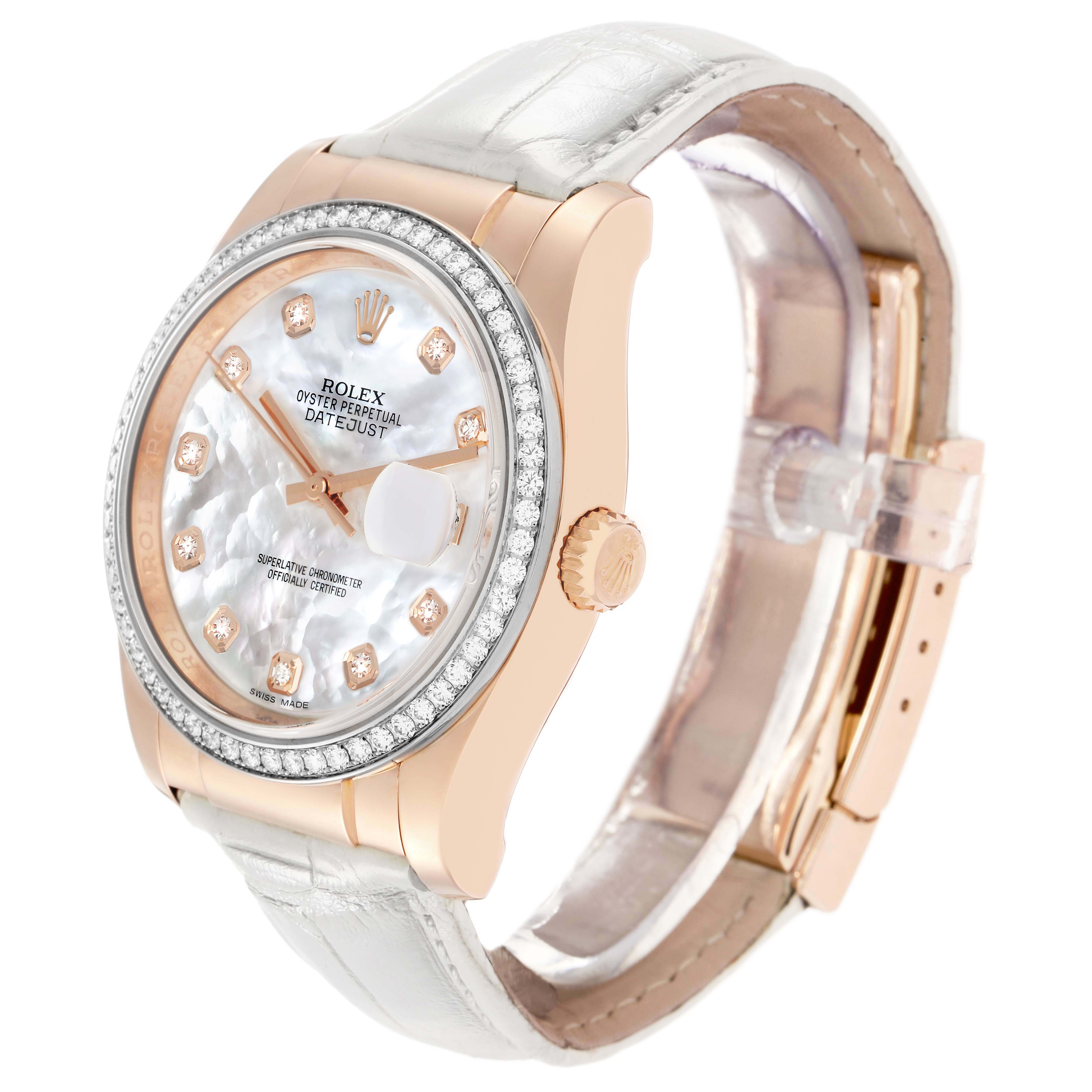 The Rolex Datejust 116185 Men's Rose Gold Mother of Pearl Dial watch is shown at a three-quarter angle, highlighting the dial, bezel, crown, and strap.