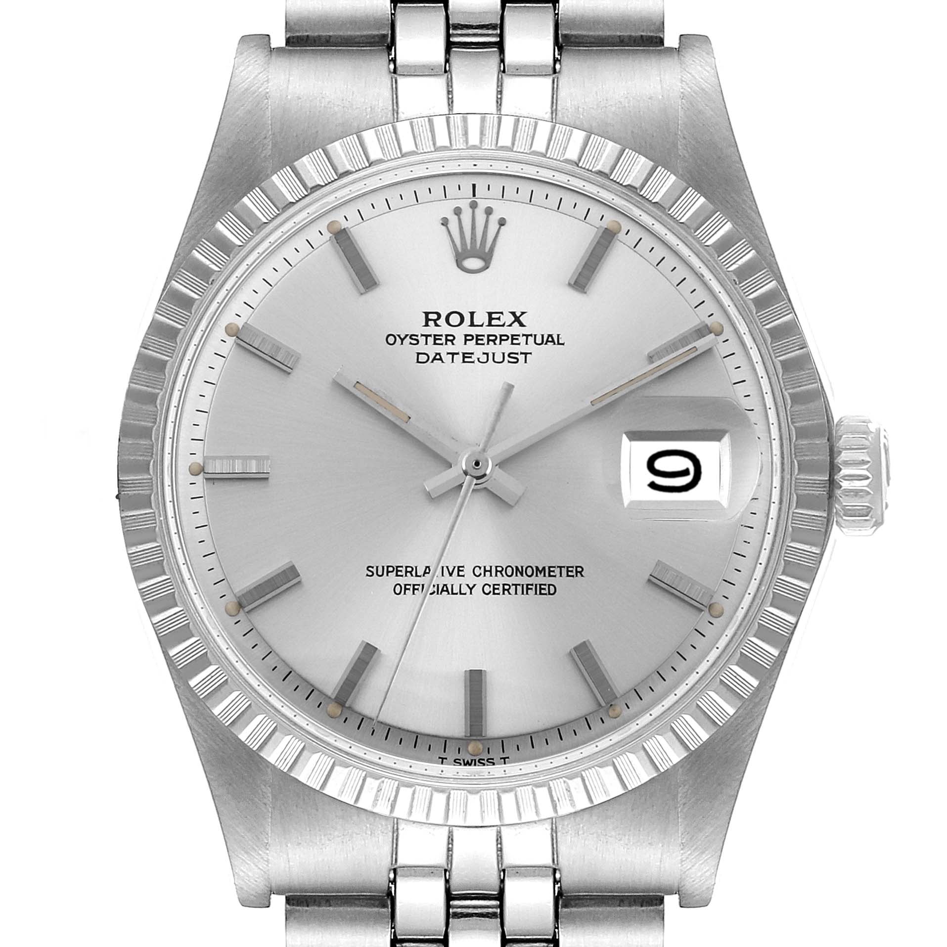 The Rolex Vintage Collection 1603 Men
s Stainless Steel Silver Dial 1603 Men
s Stainless Steel Silver Dial Oyster Perpetual Datejust watch is shown from the front, highlighting its dial, hands, bezel, and date display.