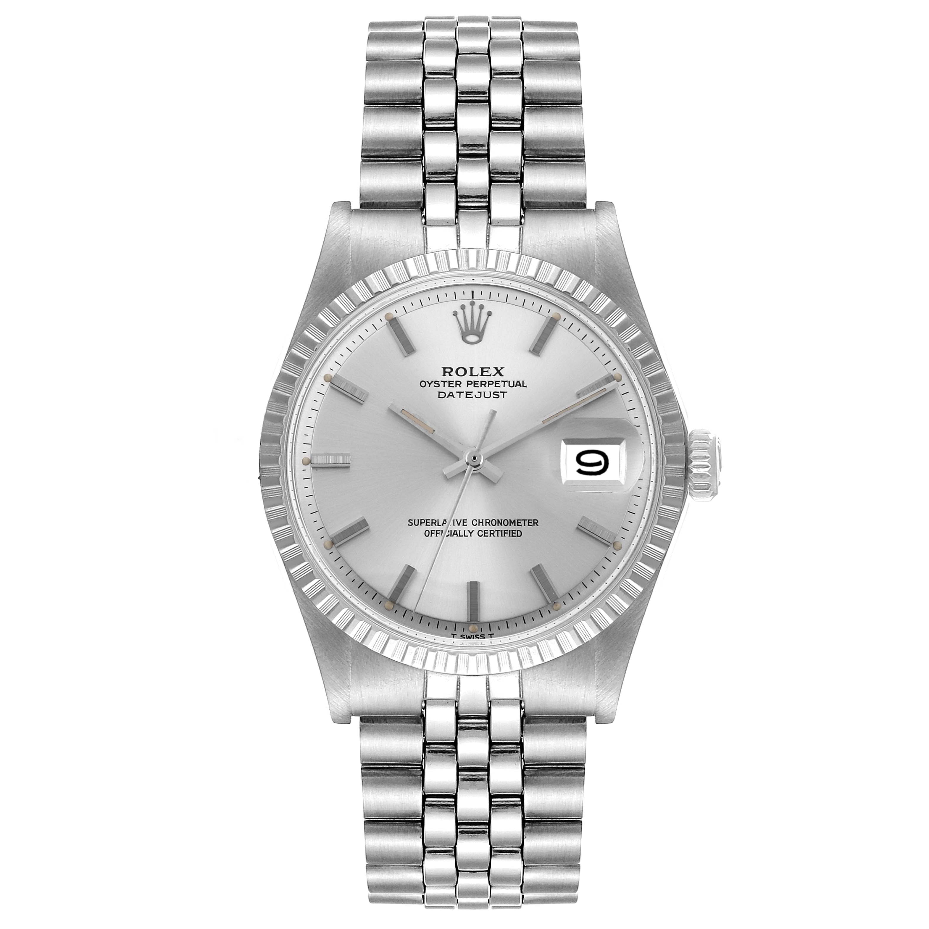The Rolex Vintage Collection 1603 Men
s Stainless Steel Silver Dial 1603 Men
s Stainless Steel Silver Dial Oyster Perpetual Datejust watch is shown from a front angle, highlighting the dial, bracelet, and date display.