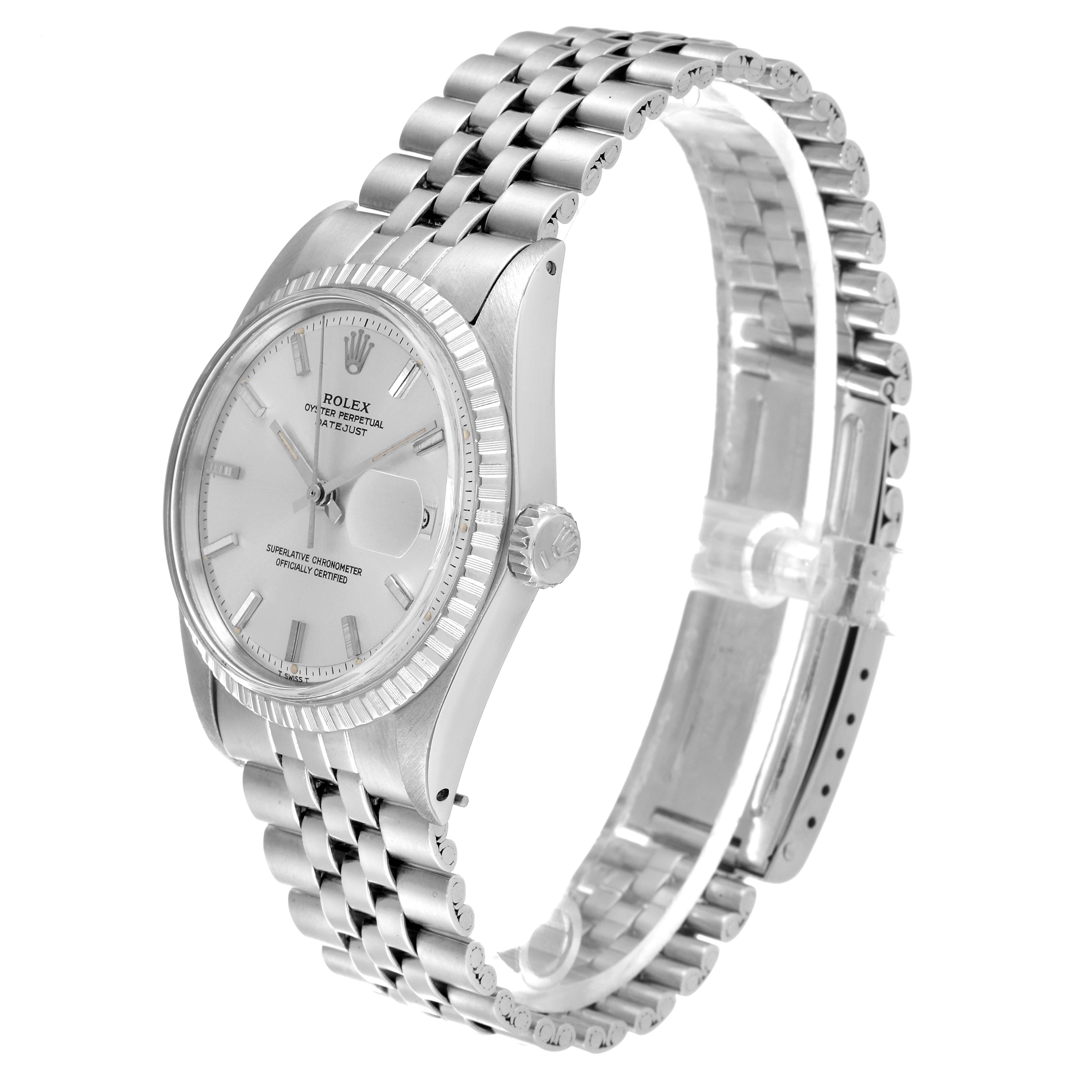 The image shows a side angle of the Rolex Vintage Collection 1603 Men
s Stainless Steel Silver Dial 1603 Men
s Stainless Steel Silver Dial watch, highlighting the face, bezel, and band.