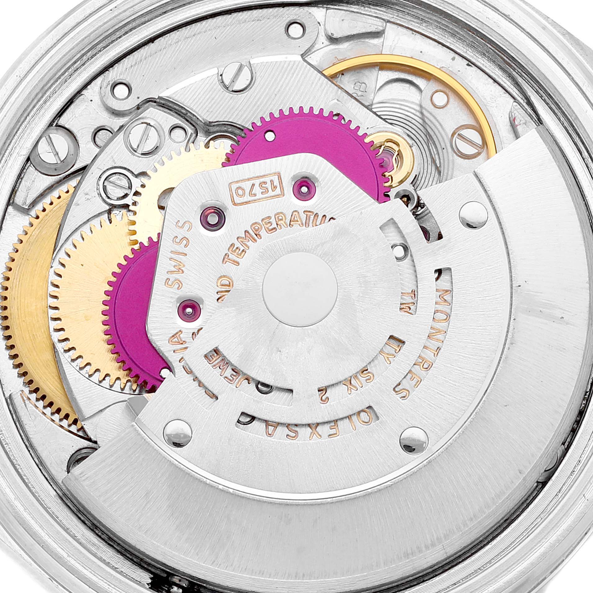 This image shows the internal mechanism of the Rolex Vintage Collection 1603 Men
s Stainless Steel Silver Dial 1603 Men
s Stainless Steel Silver Dial model, specifically highlighting the gears and movement components.