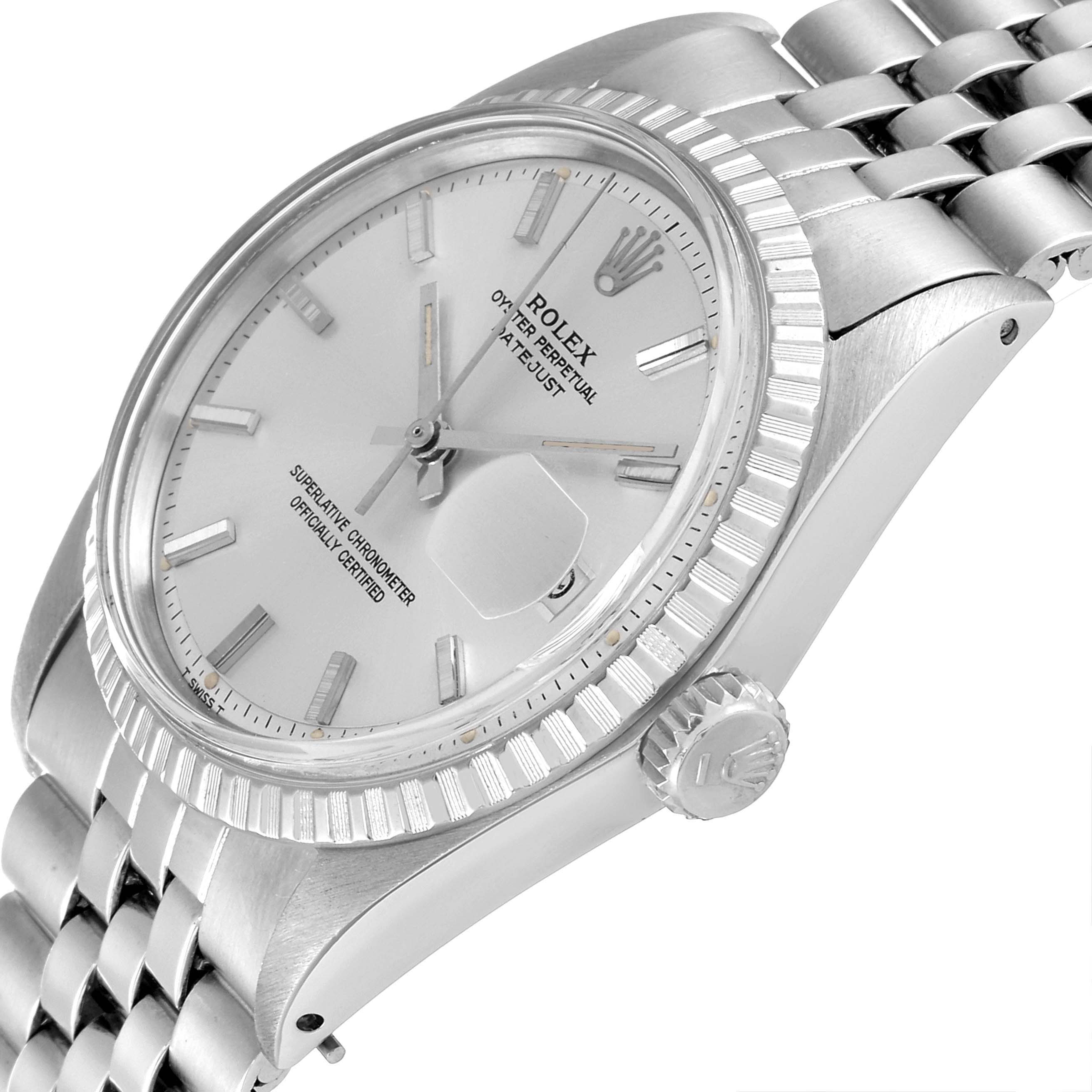 The image shows a side angle of the Rolex Vintage Collection 1603 Men
s Stainless Steel Silver Dial 1603 Men
s Stainless Steel Silver Dial watch, highlighting the face, bezel, crown, and part of the bracelet.