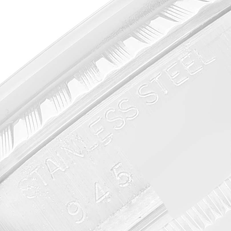 This image shows a close-up of the stainless steel detail and serial number on a Rolex Vintage Collection 16030 Men
s Stainless Steel Silver Dial 16030 Men
s Stainless Steel Silver Dial watch.